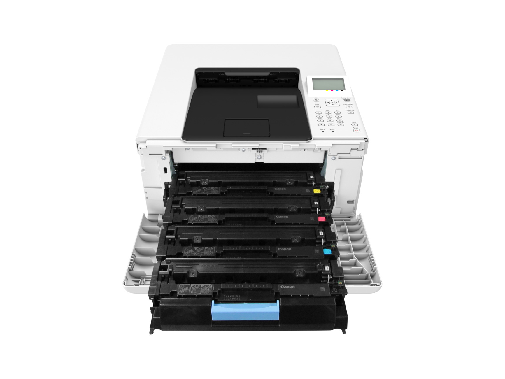 Una stampante Canon bianca con il cassetto delle cartucce del toner aperto. Sono visibili diverse cartucce di toner nere, etichettate con colori diversi.