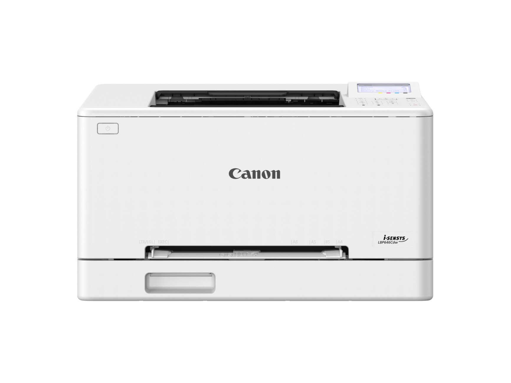 Una stampante bianca Canon i-SENSYS LBP646Cdw. Ha un vassoio carta, un pannello di controllo e il logo Canon.