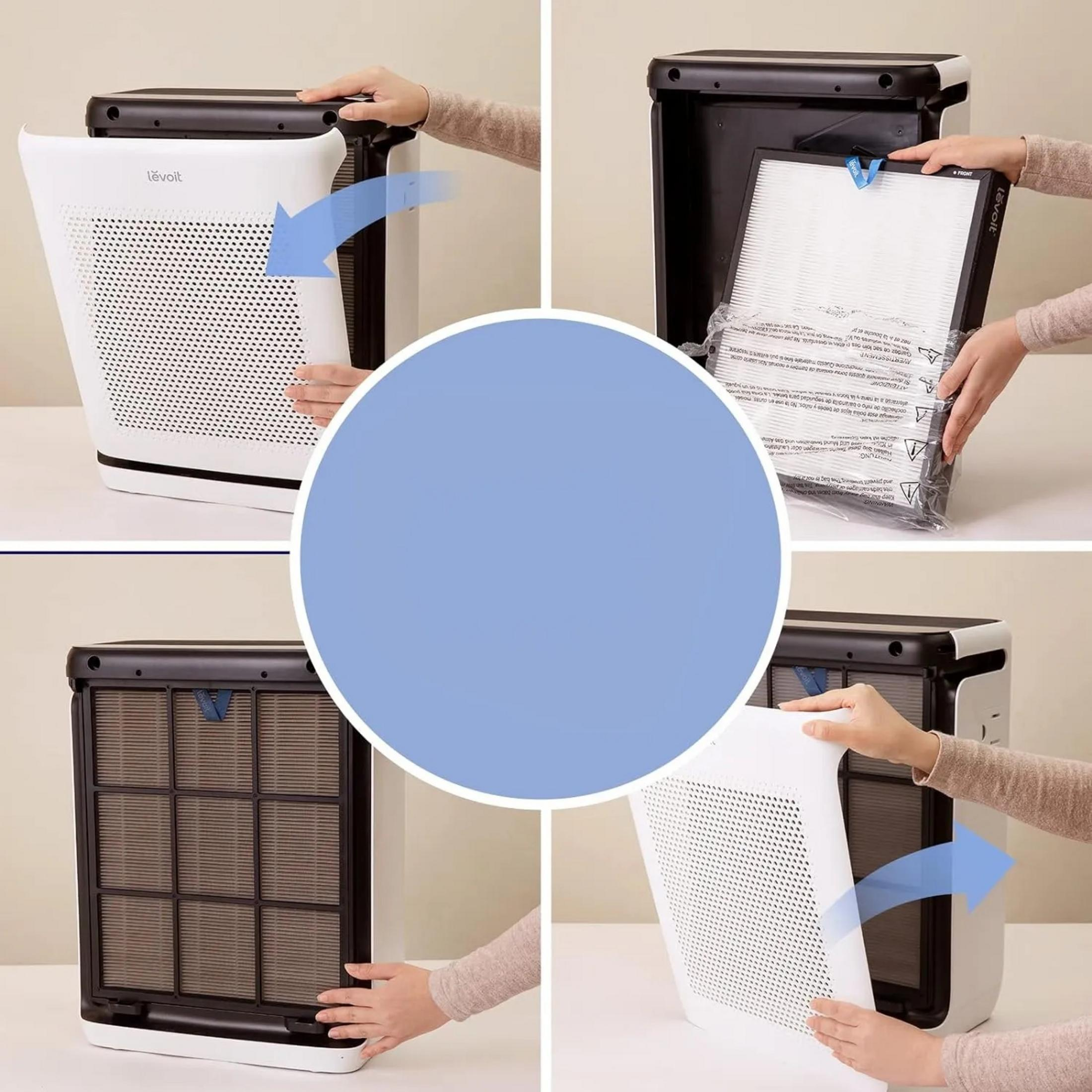 Osoba demontuje oczyszczacz powietrza w celu wymiany filtra. Proces obejmuje usuwanie paneli i filtrów.