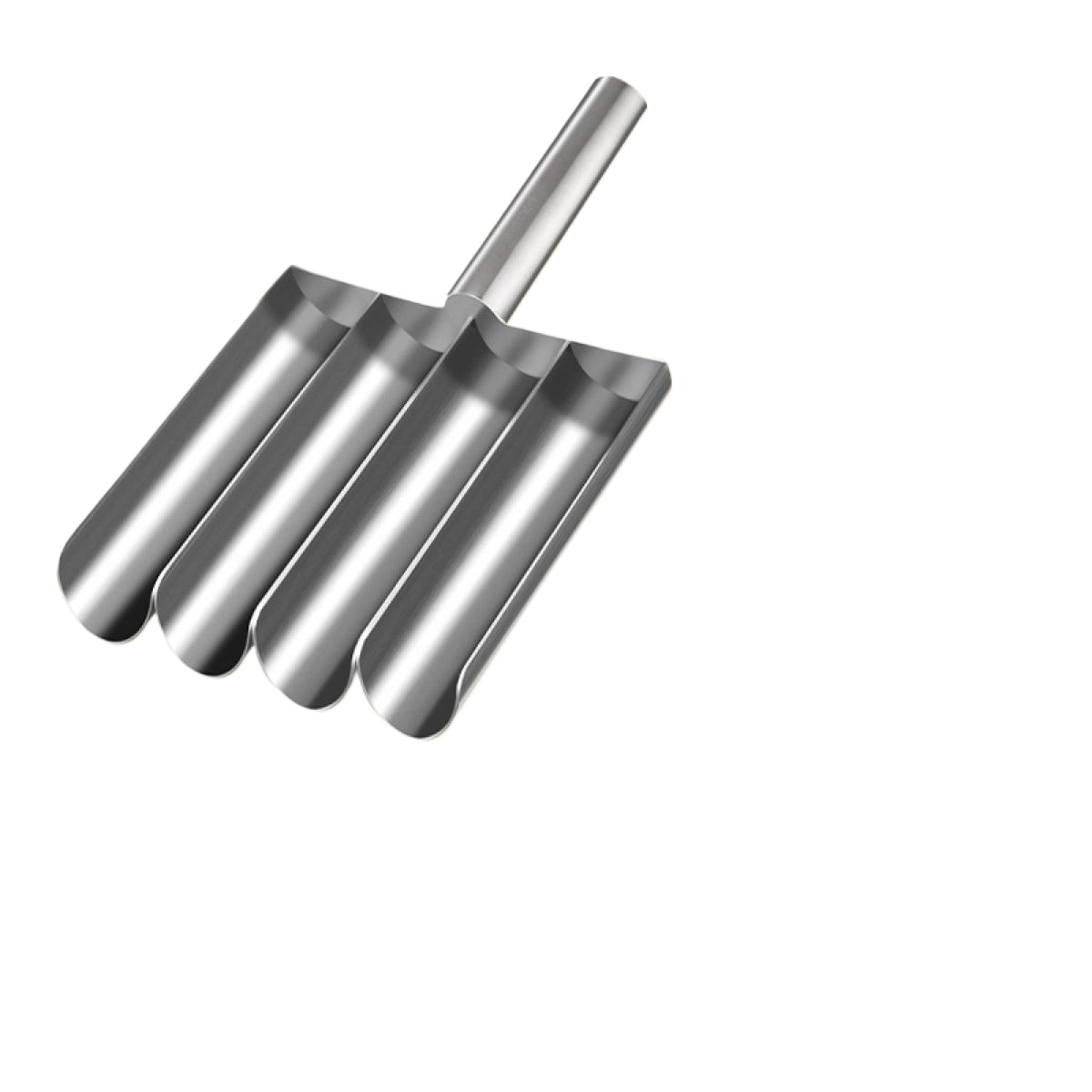 Ein Metallwerkzeug mit vier parallelen Rinnen und einem Griff. Es scheint sich um eine spezielle Schaufel oder Form zum Formen von Materialien zu handeln.
