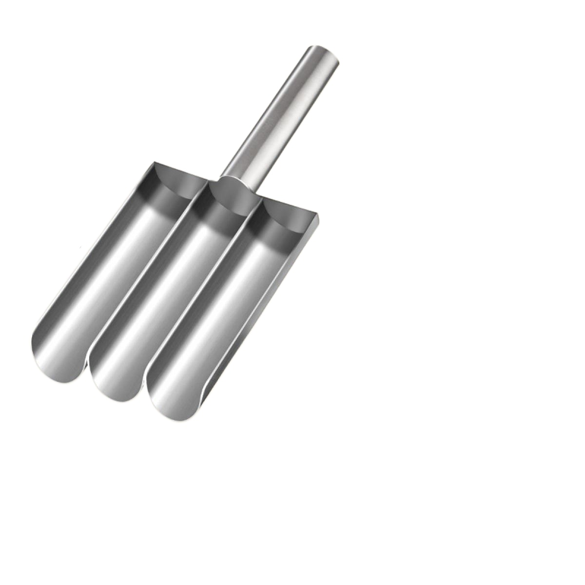 Ein Metallwerkzeug mit drei rinnenartigen Abschnitten und einem Griff. Das Objekt ist silberfarben auf weißem Hintergrund.