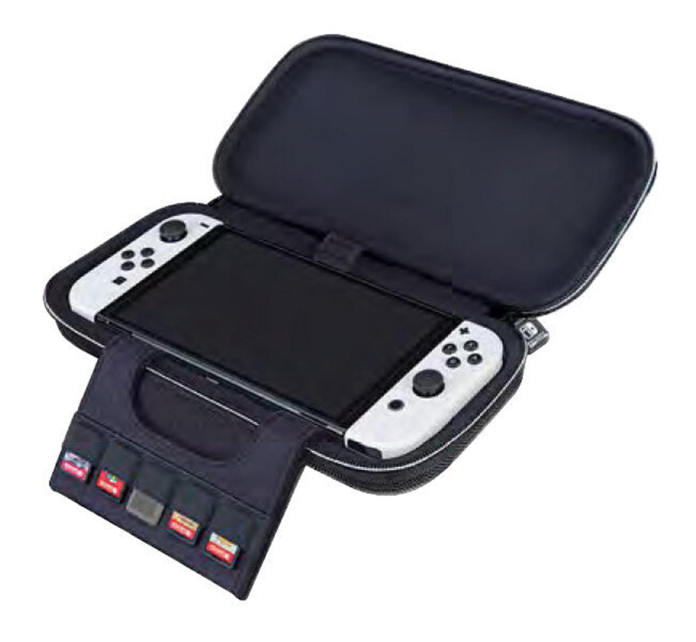 Una custodia nera contiene una Nintendo Switch bianca. Un porta carte di gioco è nella parte anteriore. La custodia è aperta.