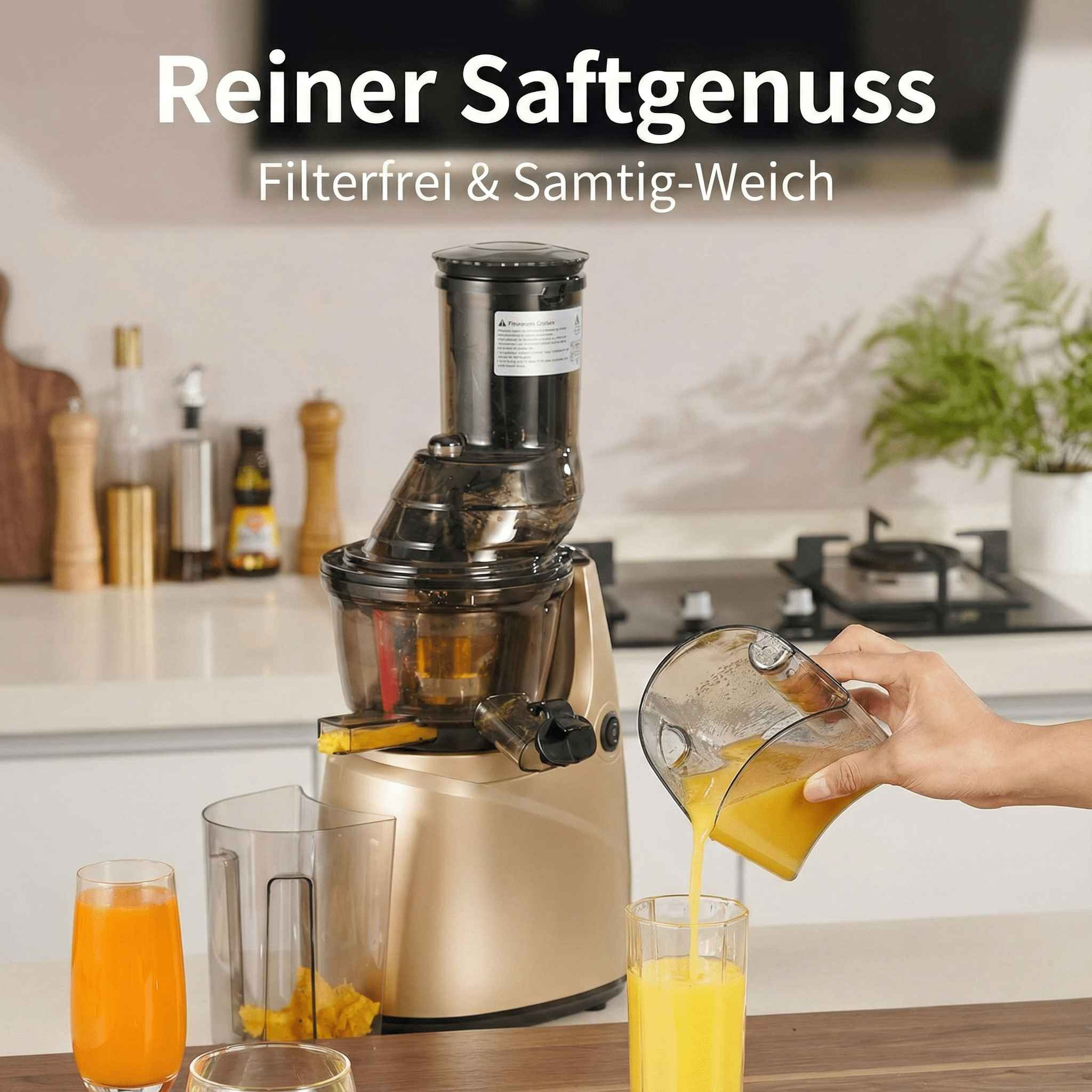Ein Entsafter gießt Saft in ein Glas. Zwei Gläser sind gefüllt. Es gibt einen Küchenhintergrund.