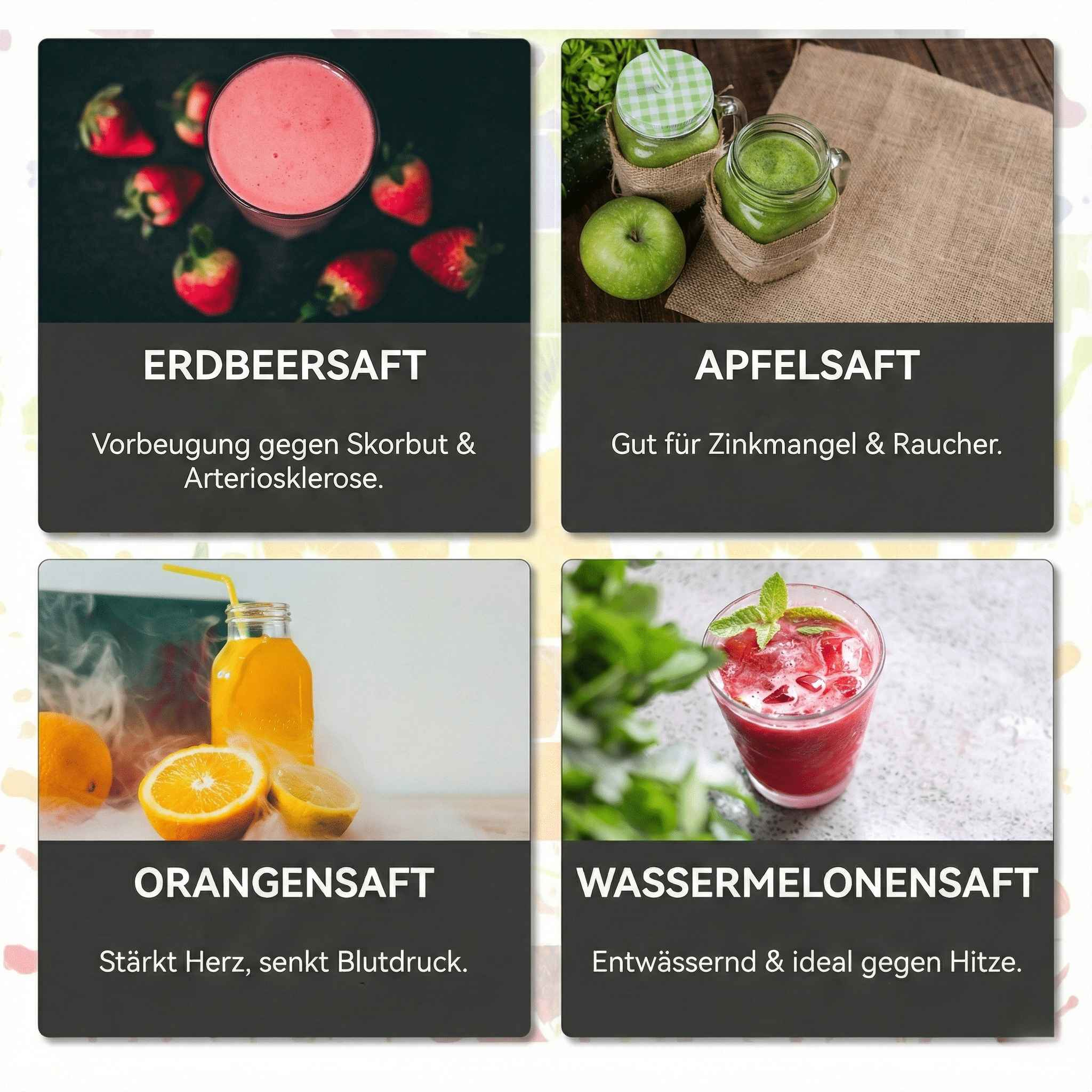 Das Bild zeigt vier Saftoptionen: Erdbeere, Apfel, Orange und Wassermelone. Jede mit einer Beschreibung.