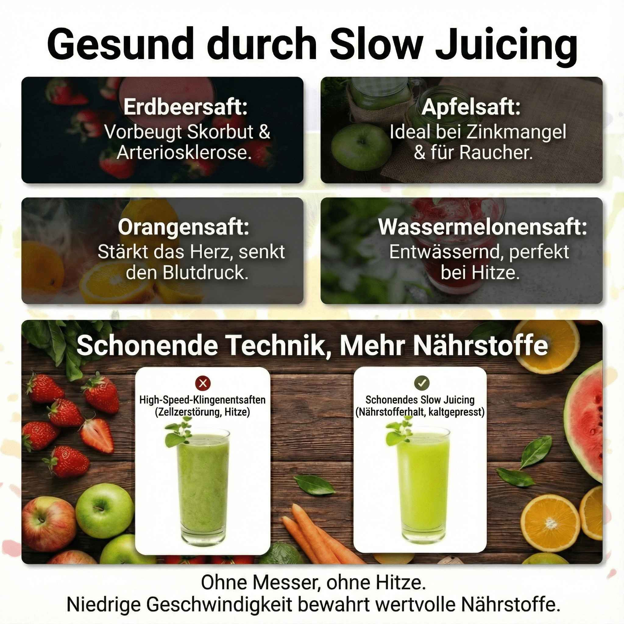 Das Bild zeigt die Vorteile des langsamen Entsaftens. Enthält Text über Säfte, Früchte und den Prozess.