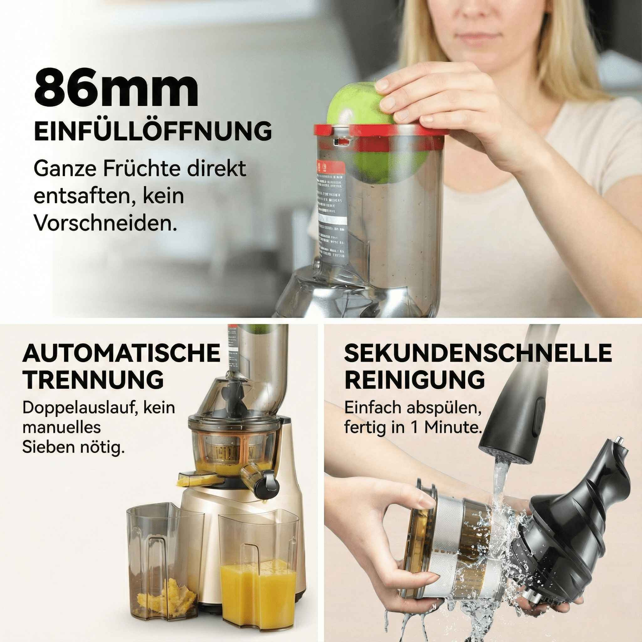 Eine Frau gibt einen Apfel in einen Entsafter. Text hebt Merkmale hervor: große Öffnung, automatische Trennung, schnelle Reinigung.