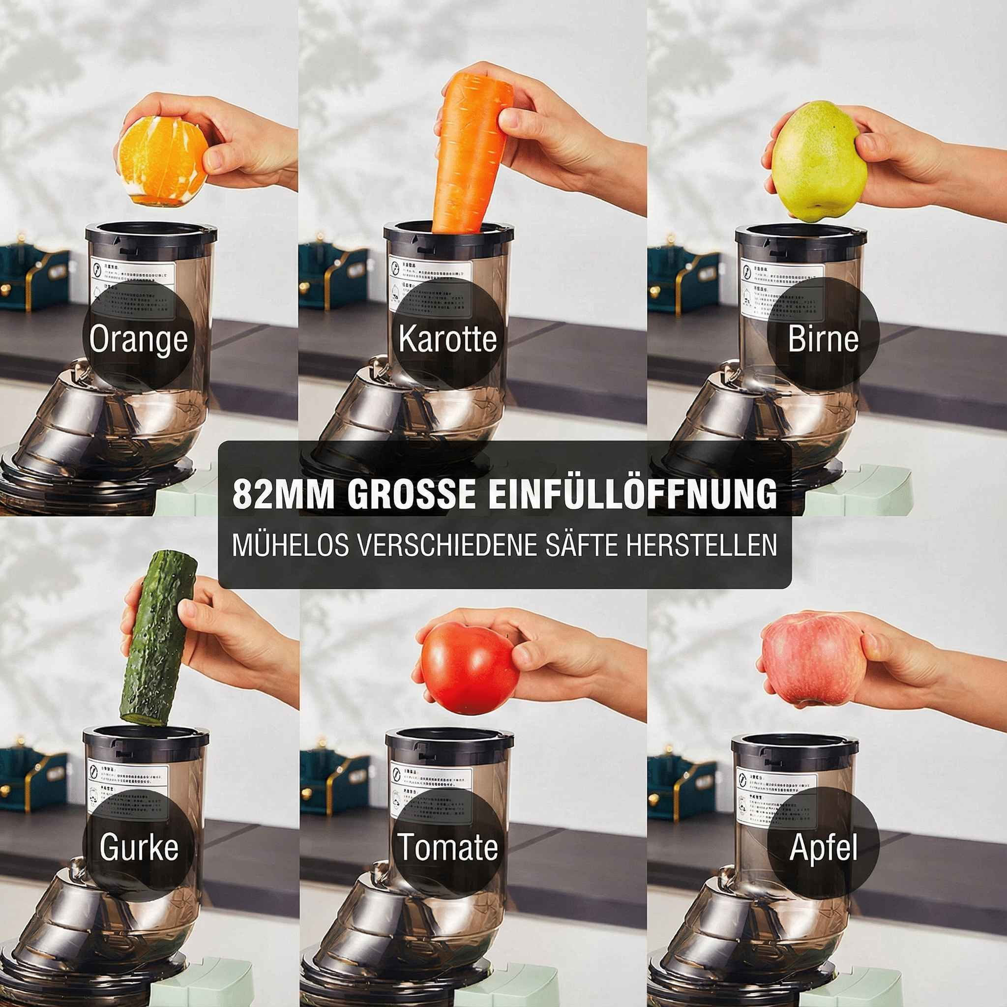 Ein Entsafter, in den verschiedene Früchte und Gemüse eingeführt werden. Orange, Karotte, Birne, Gurke, Tomate und Apfel.