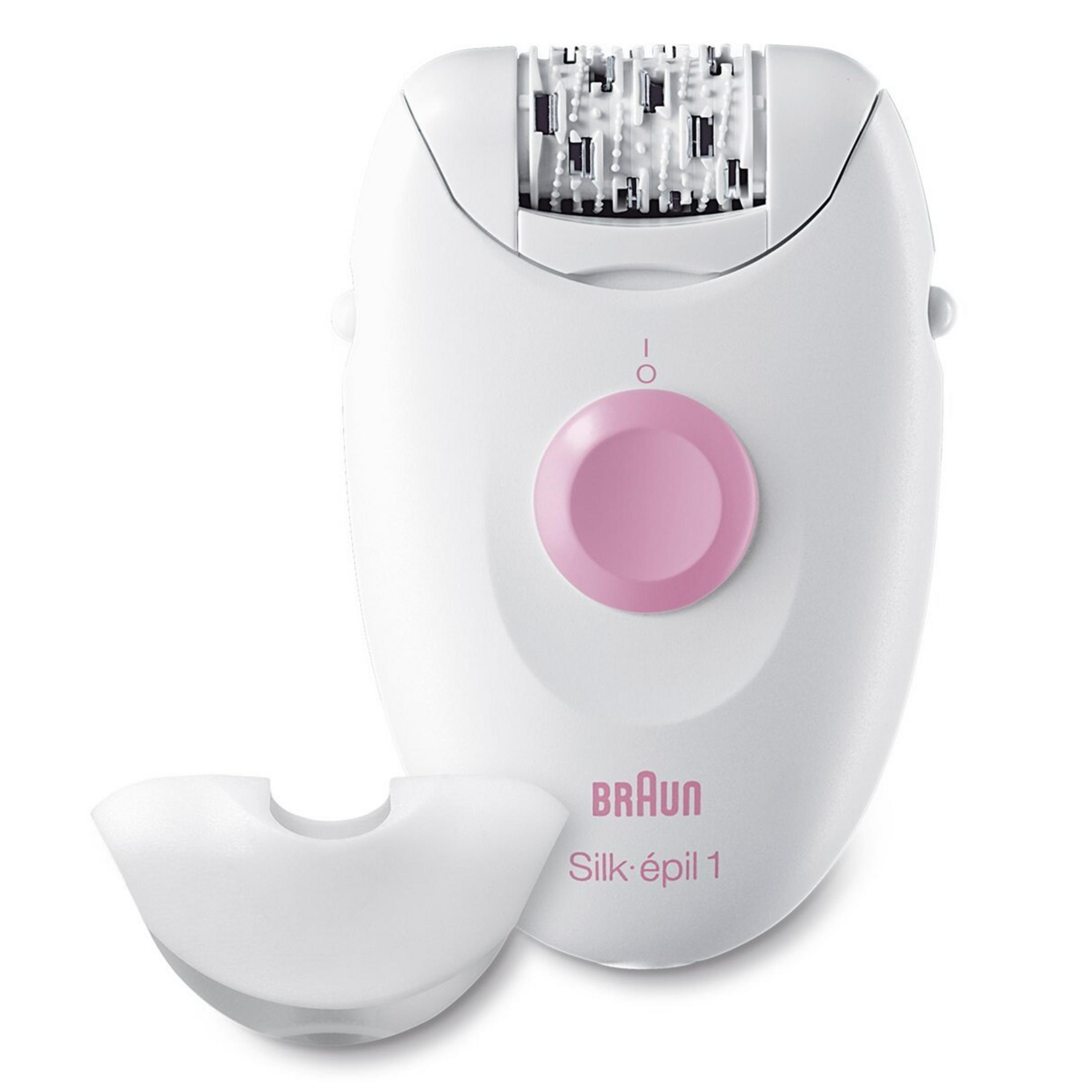 Biały depilator Braun Silk-épil 1 z różowym przyciskiem. Obok biała osłona ochronna.