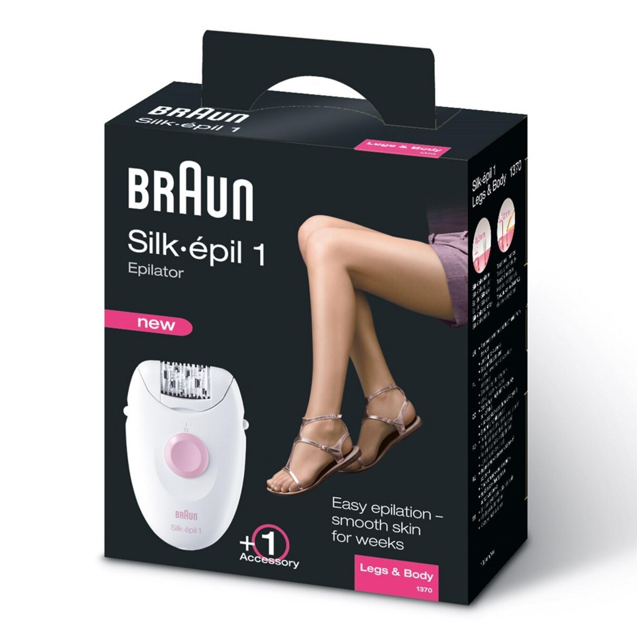 Pudełko depilatora Braun Silk-épil 1 ze zdjęciem nóg i depilatorem. Pudełko jest czarno-białe.