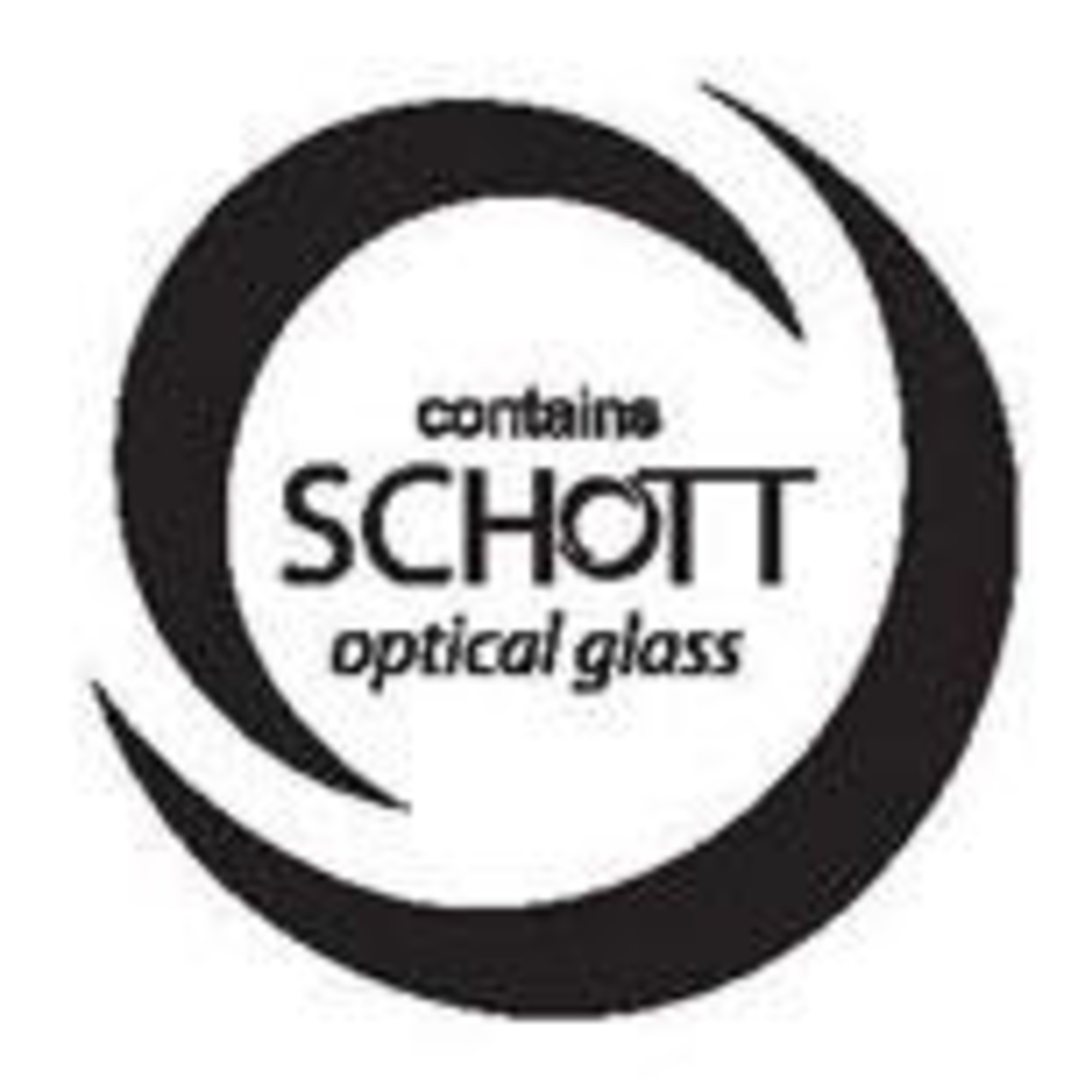 Schwarzes kreisförmiges Logo mit Text 'contains SCHOTT optical glass'. Ein stilisiertes Pfeil umgibt den Text.