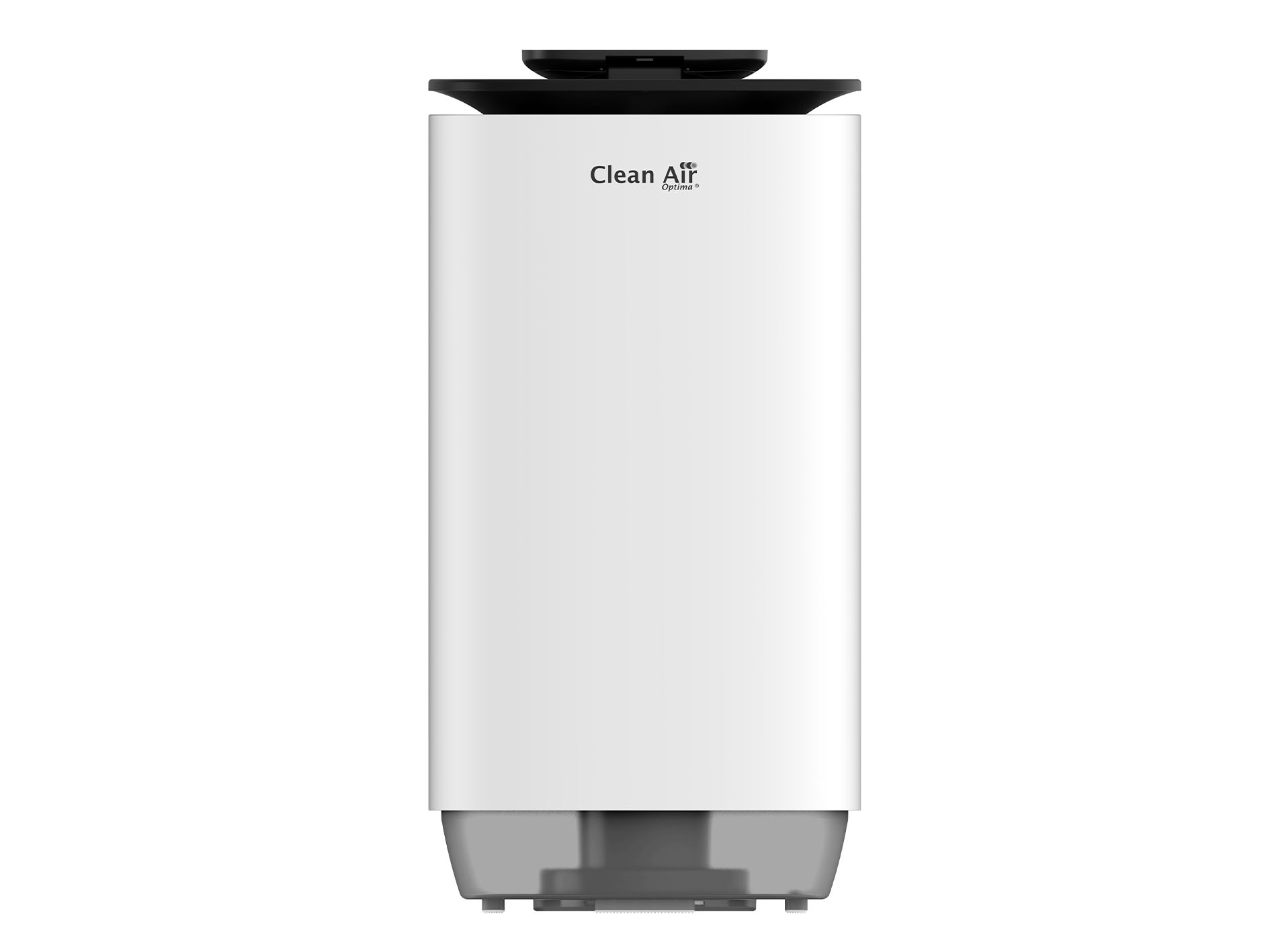 Purificatore d'aria bianco con parte superiore nera. Sul davanti c'è scritto Clean Air Optima.