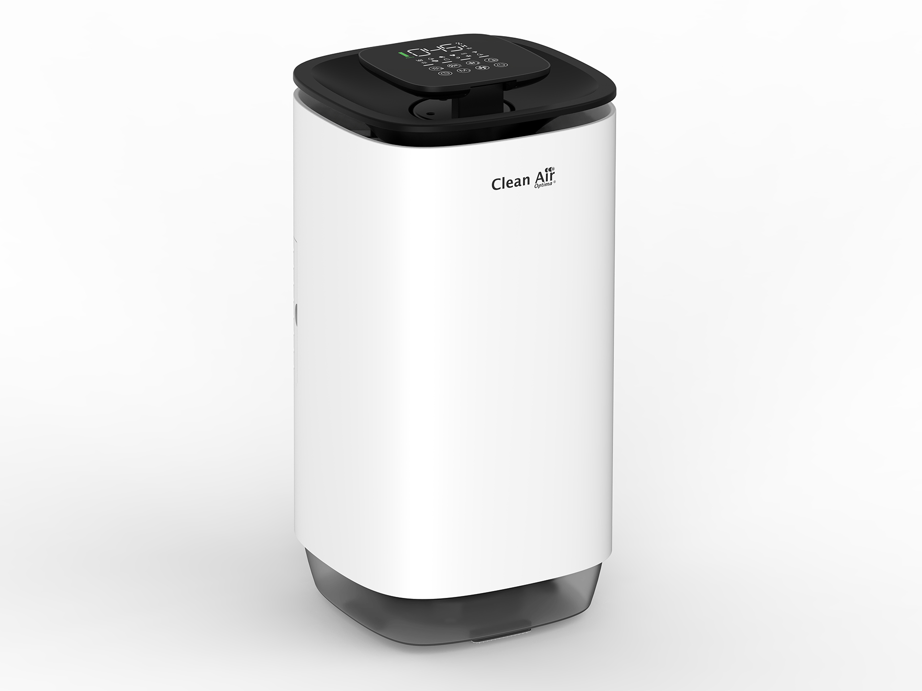 Un purificatore d'aria bianco con parte superiore e display neri. La base è grigia. Il marchio è Clean Air Optima.