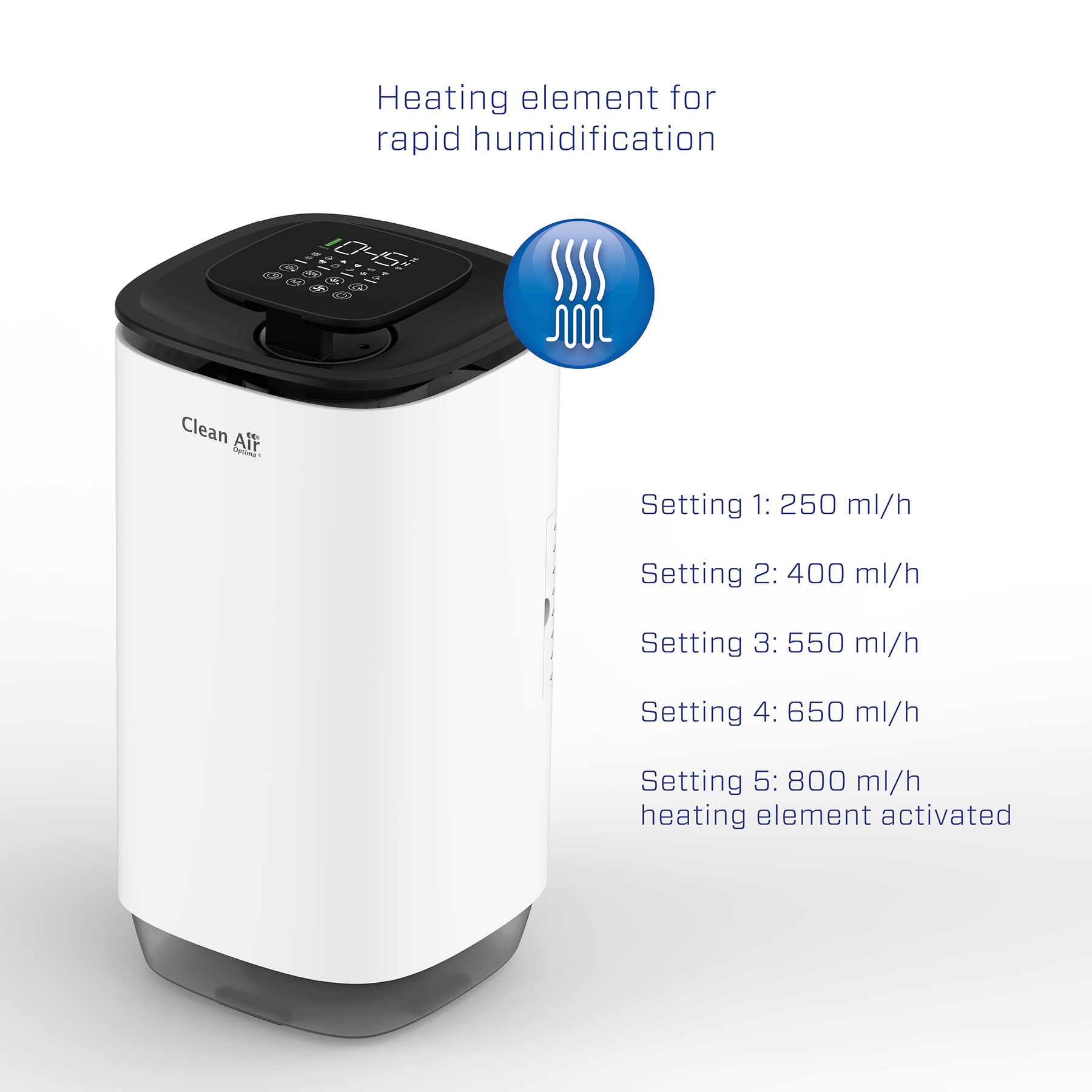 Umidificatore bianco con parte superiore nera. Mostra le impostazioni e include un'icona blu. Il testo indica un'umidificazione rapida.