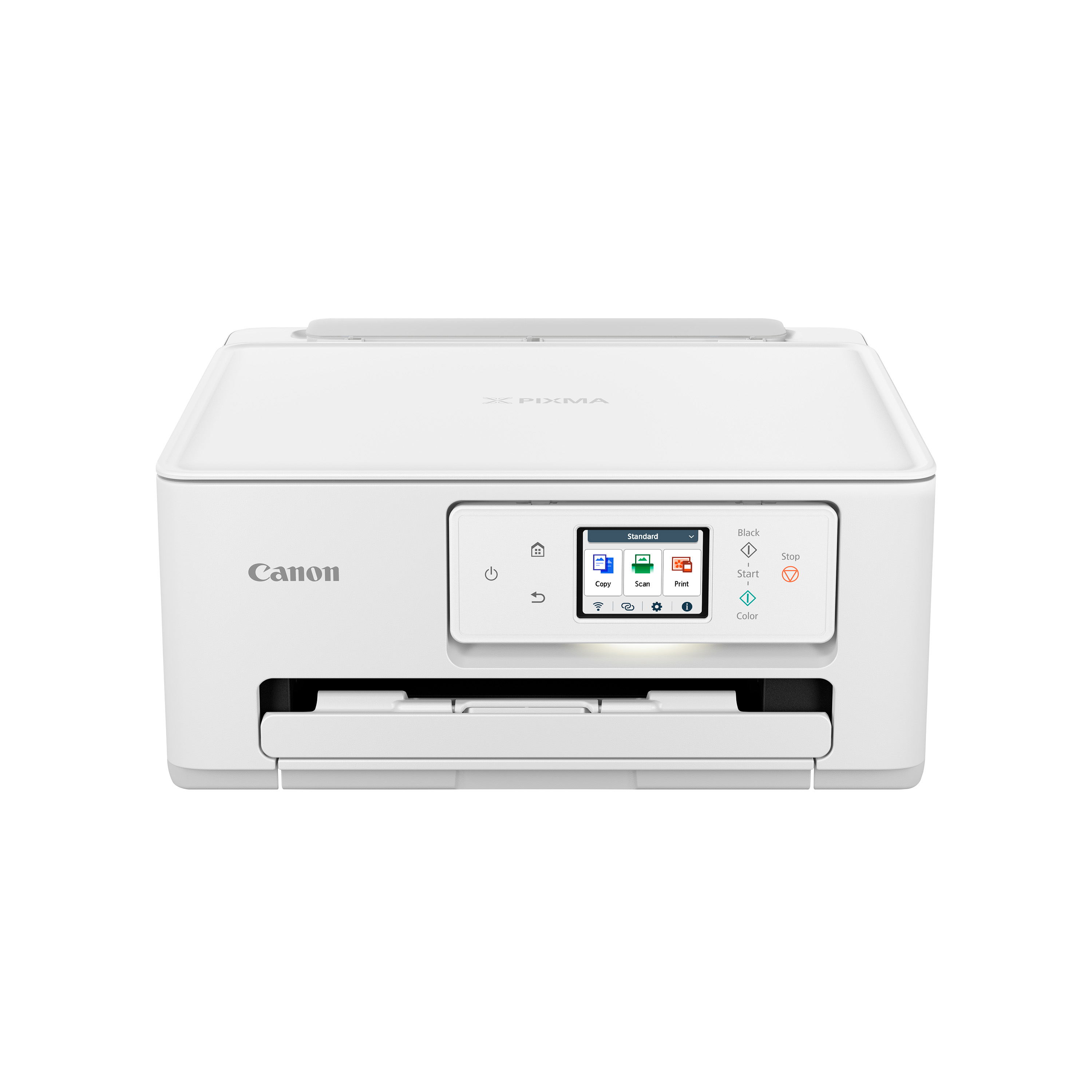 Stampante Canon Pixma bianca. Ha uno schermo e pulsanti per copia, scansione, stampa, avvio e arresto.