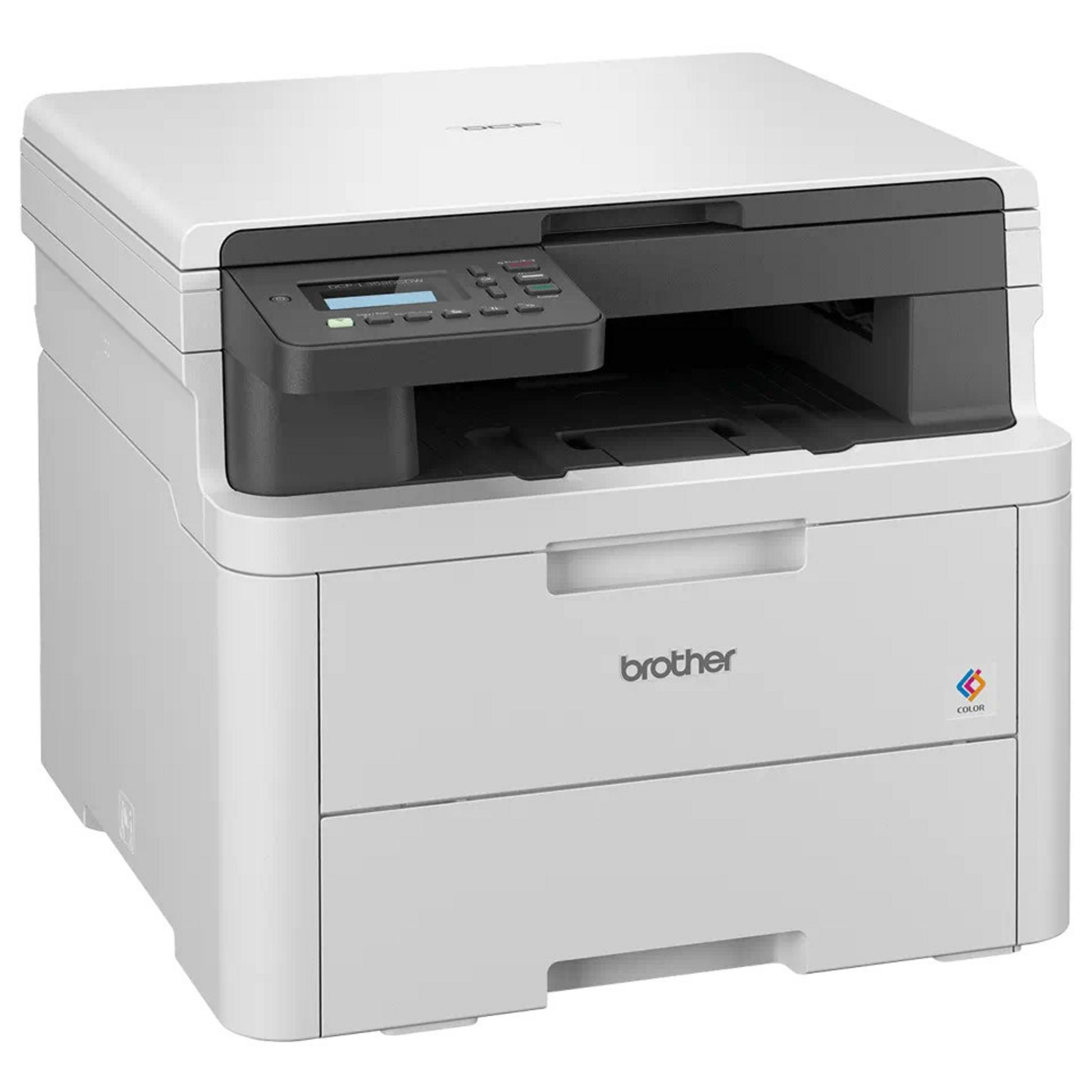 Biała kolorowa drukarka laserowa Brother DCP-L3550CDW. Posiada panel sterowania, podajnik papieru i logo Brother.