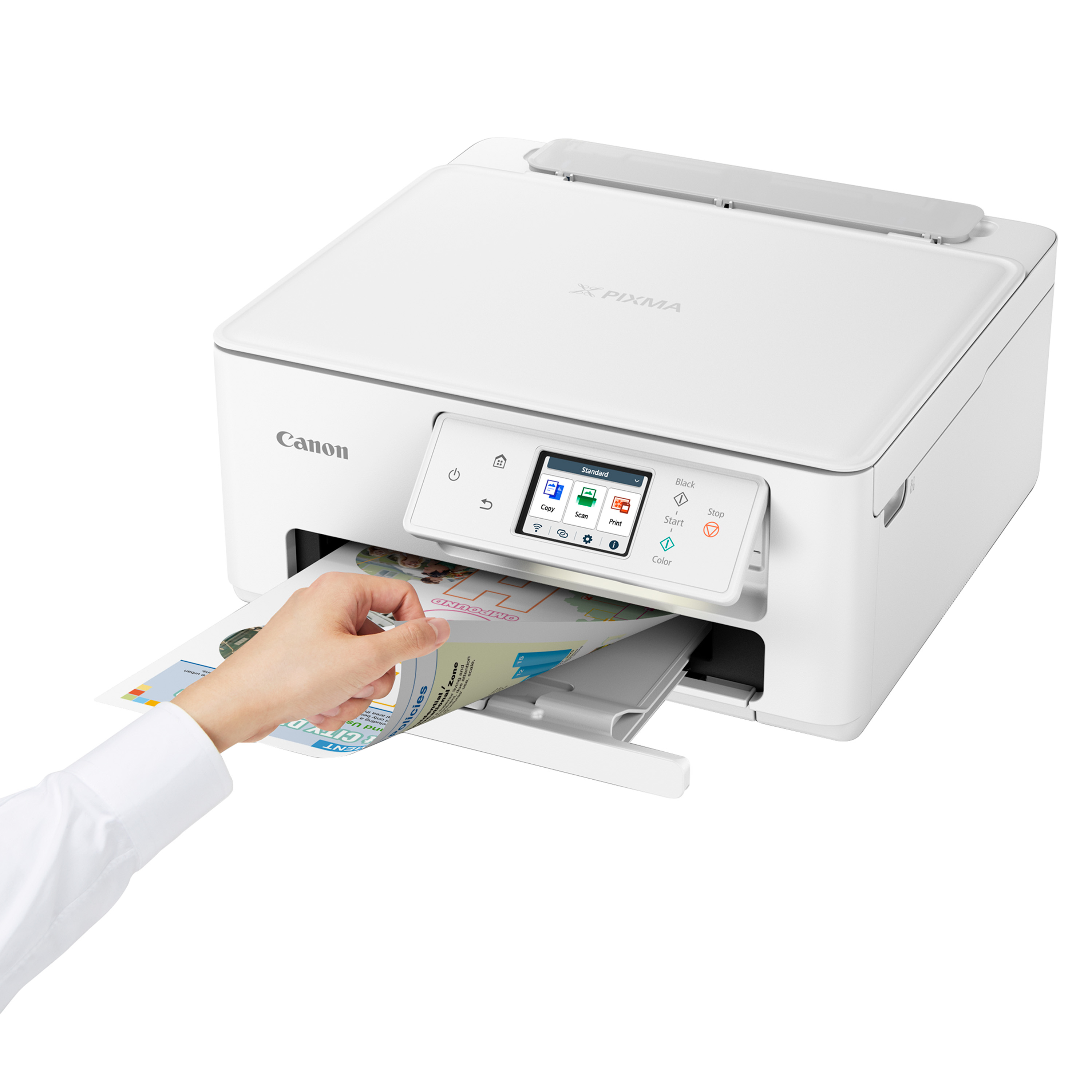 Una stampante Canon Pixma bianca con una mano che estrae un documento stampato. Il documento contiene testo e grafica.