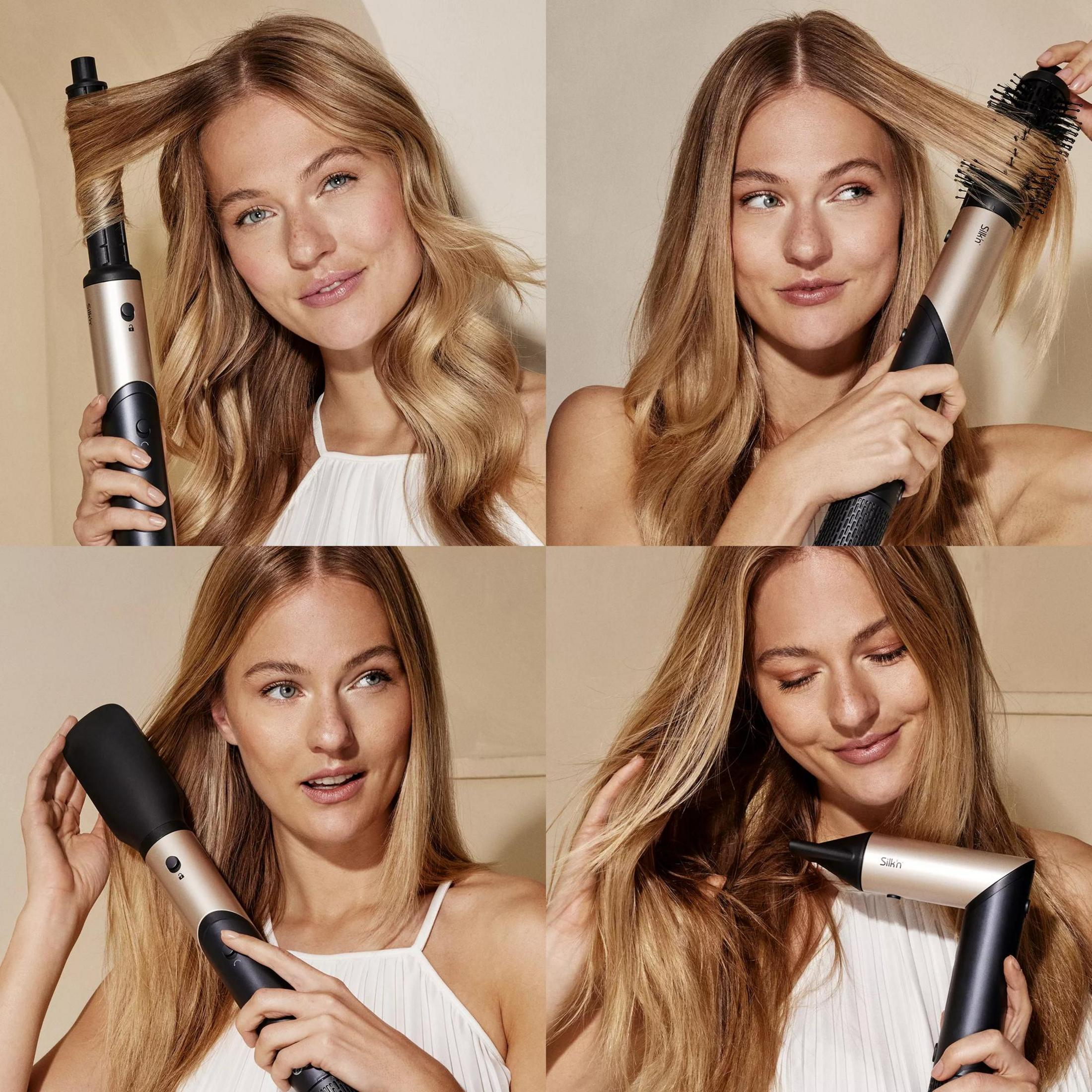 Eine Frau benutzt Haarstyling-Tools. Vier Bilder zeigen sie bei der Verwendung verschiedener Werkzeuge: Lockenstab, Bürste, Styler und Trockner.