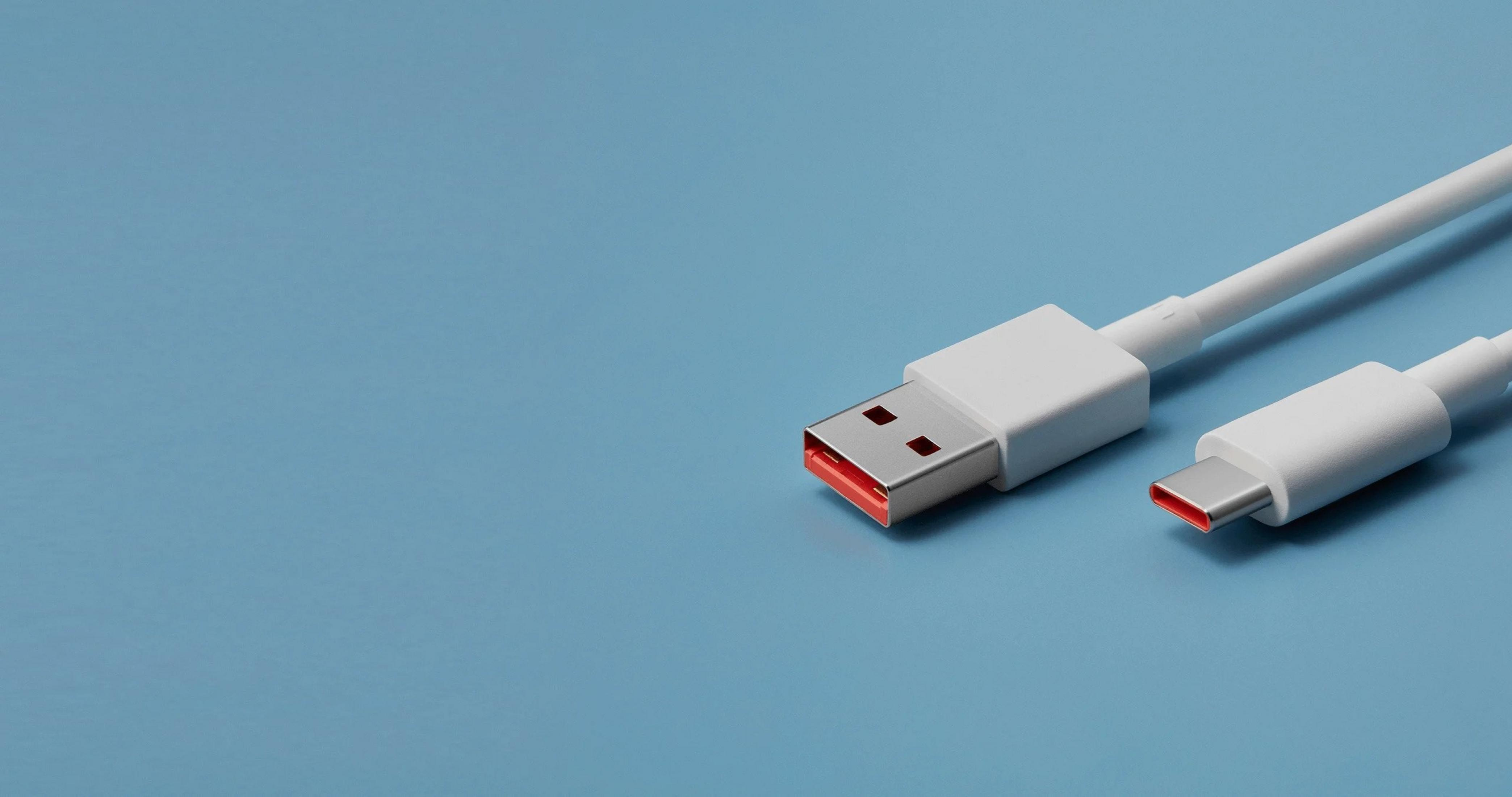 Białe kable USB i USB-C z czerwonym wnętrzem leżą na niebieskim tle. Port USB jest po lewej stronie.