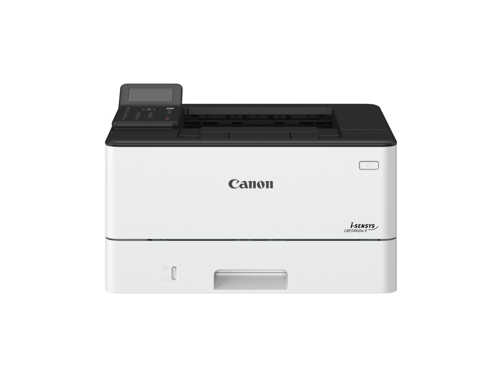 Una stampante Canon i-SENSYS LBP246dw II bianca. Ha un top nero, un pannello di controllo e un vassoio carta.