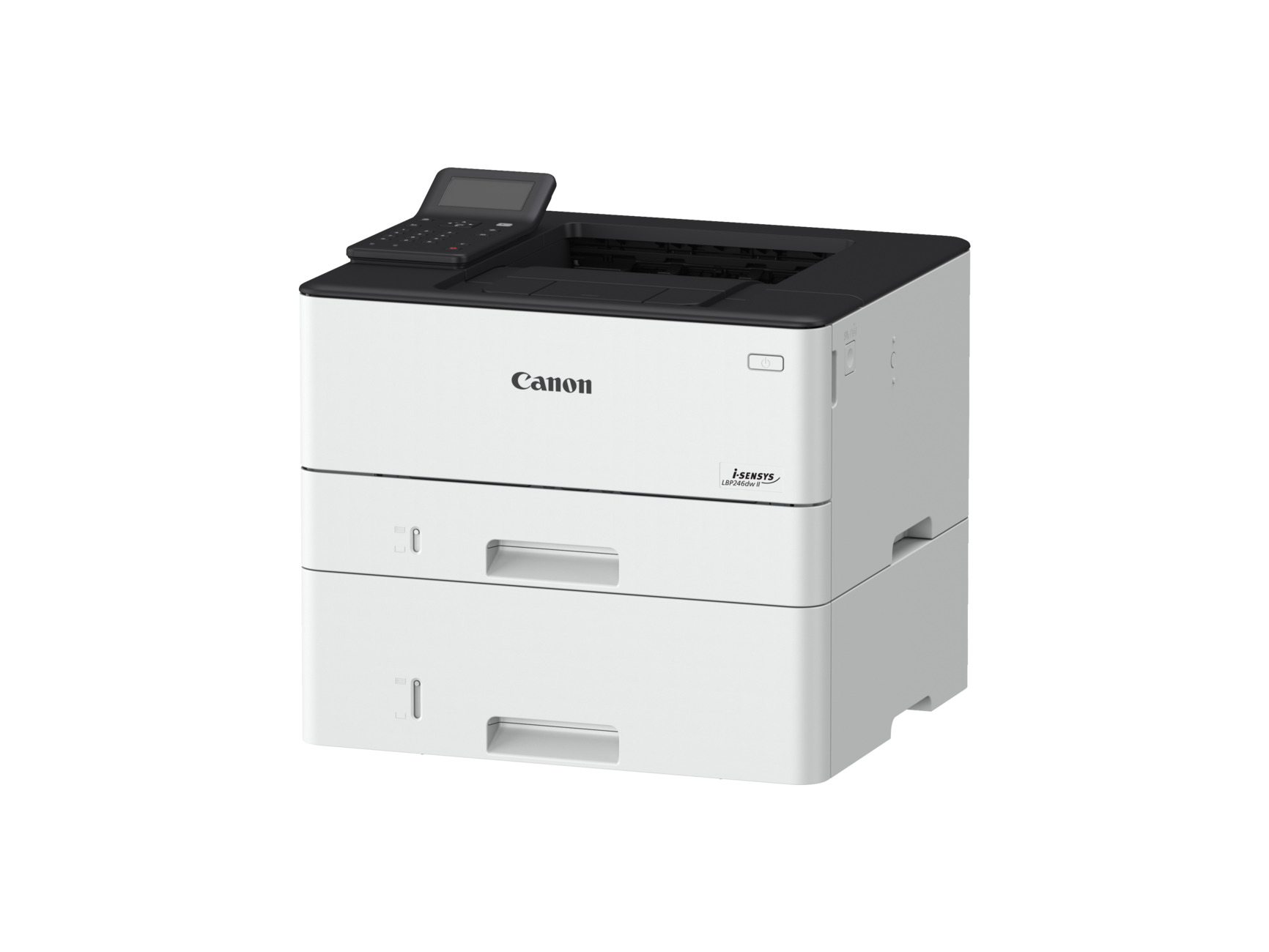 Una stampante Canon i-SENSYS LBP246dw II. È una stampante bianca con un pannello superiore nero e un pannello di controllo. Sono visibili due vassoi carta.