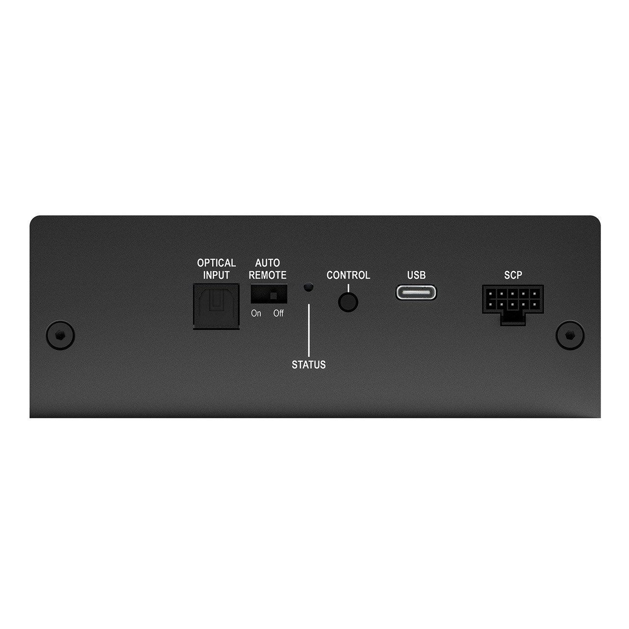 Ein schwarzes Gerät mit Eingängen wie optisch, USB und SCP. Es hat Bedienelemente und eine Statusanzeige. Der Hintergrund ist weiß.