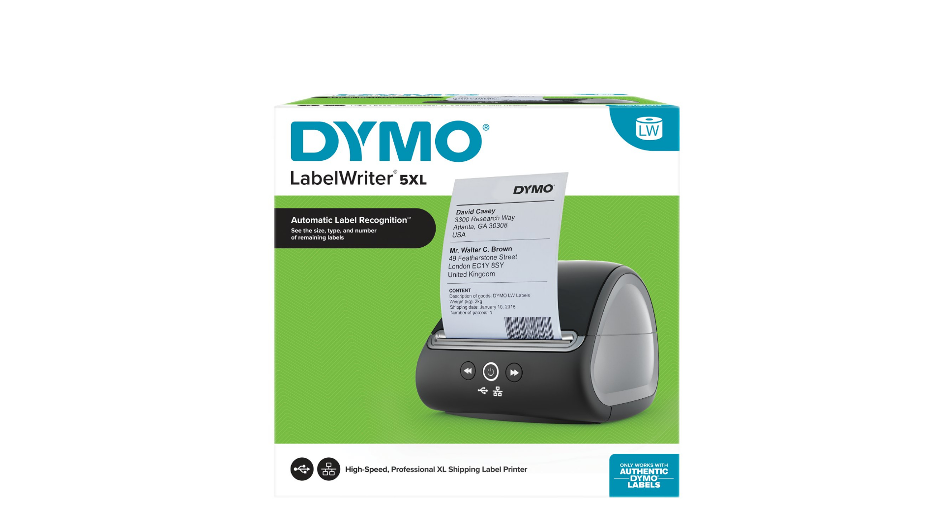 Ein Dymo LabelWriter 5XL Drucker druckt ein Versandetikett. Der Drucker ist schwarz, die Box ist weiß und grün.