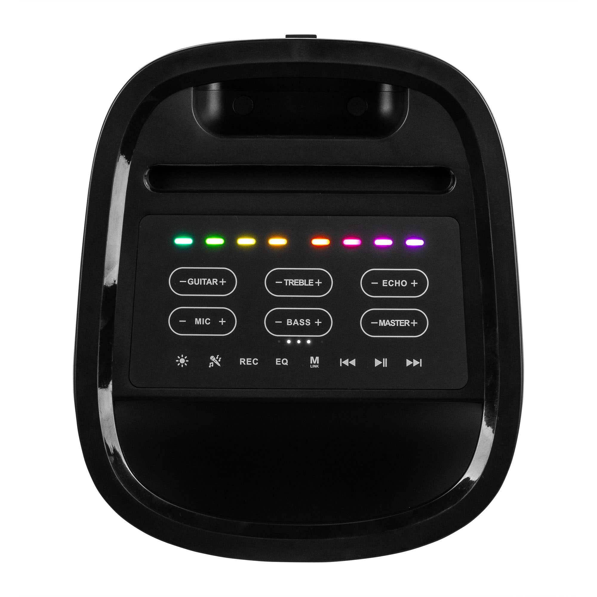 Altavoz negro con panel de control. Botones: Guitarra, Agudos, Eco, Micro, Bajos y Master. Luces encendidas.