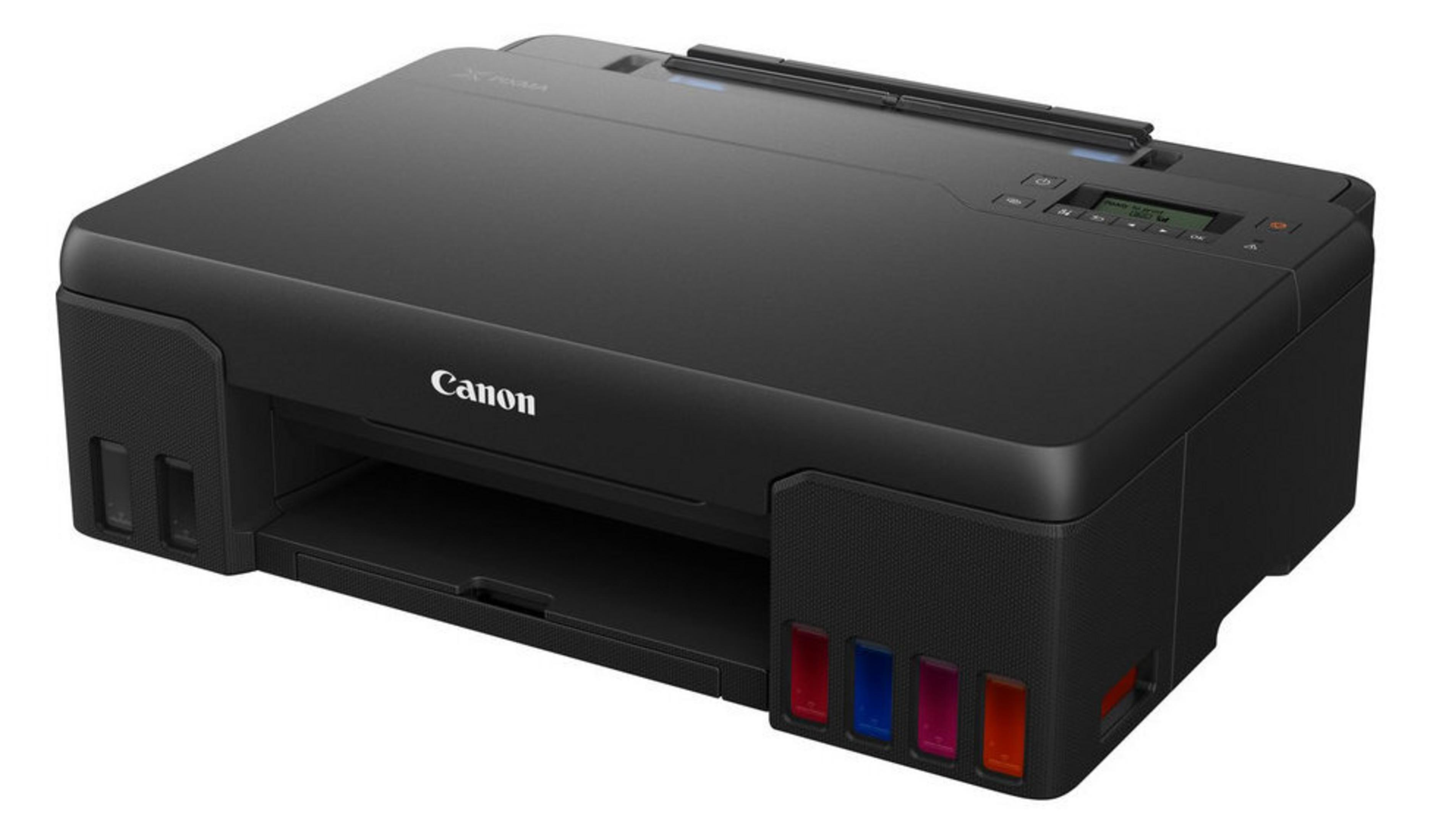 Czarna drukarka Canon. Zbiorniki z tuszem pokazują czerwony, niebieski, magenta i żółty. Taca na papier otwarta.