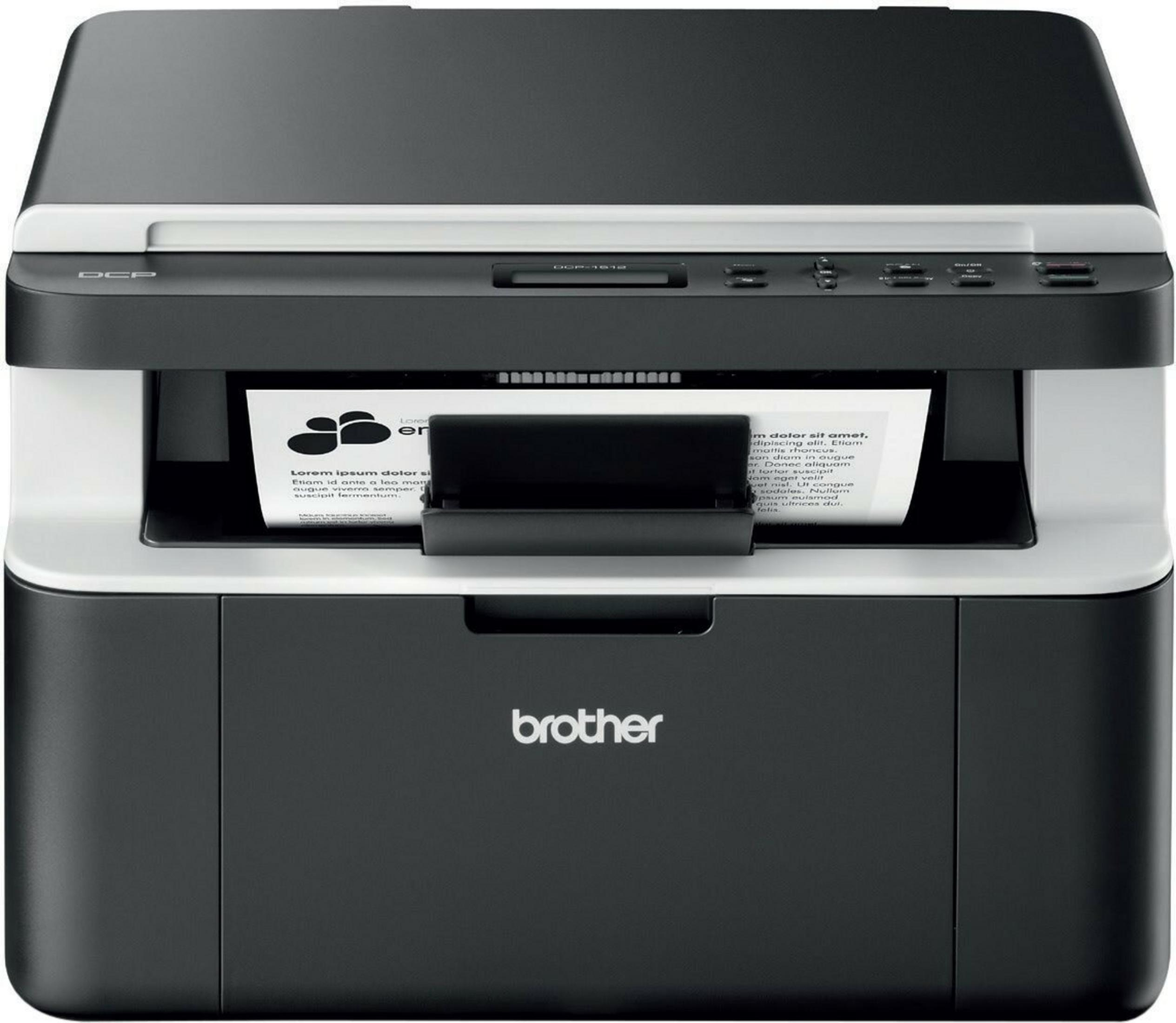 Una stampante Brother DCP-1612W è in bianco e nero. Una carta stampata è visibile al centro.