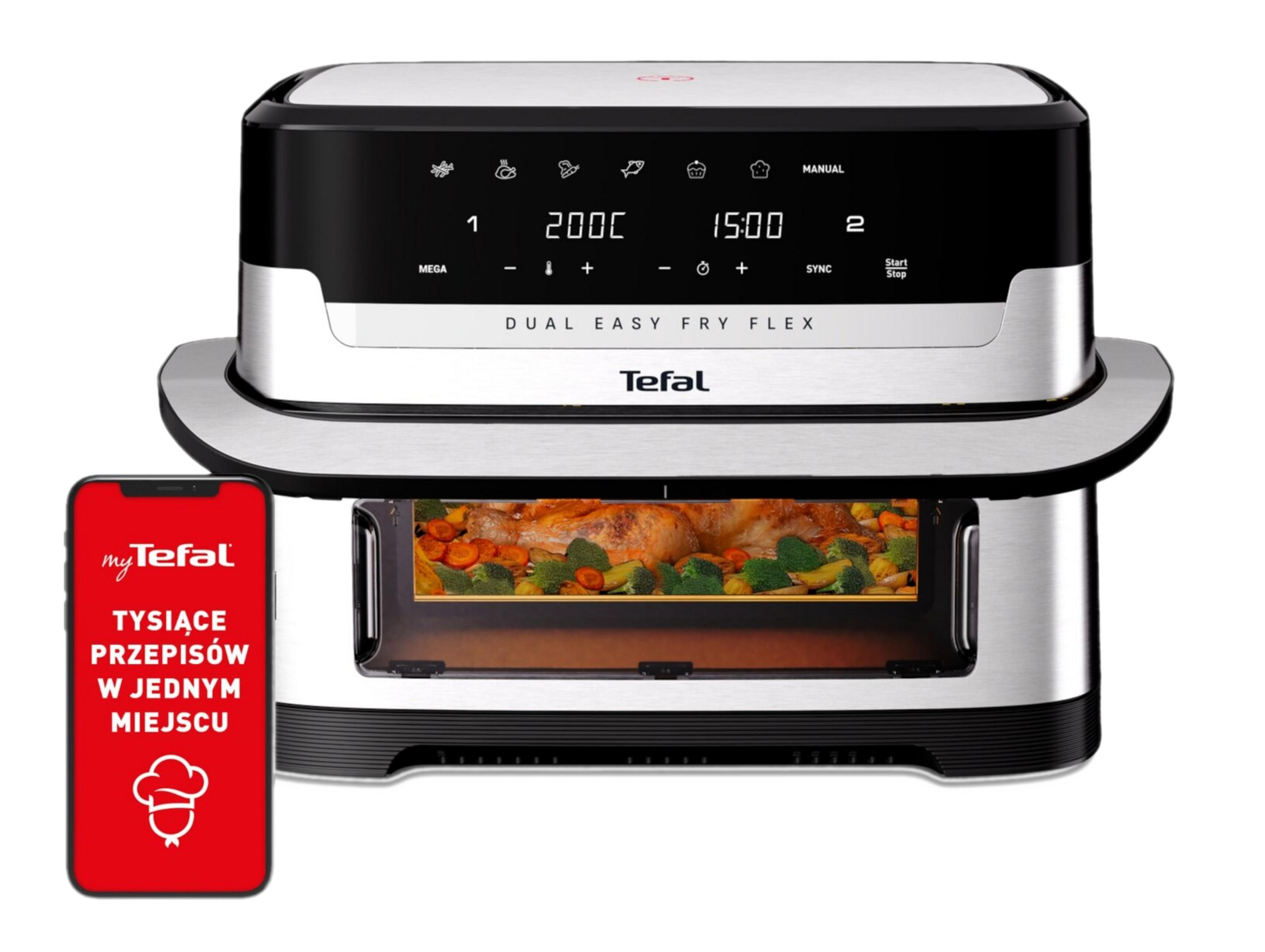 Frytkownica beztłuszczowa Tefal z dwoma strefami, cyfrowym wyświetlaczem i smartfonem z przepisami.
