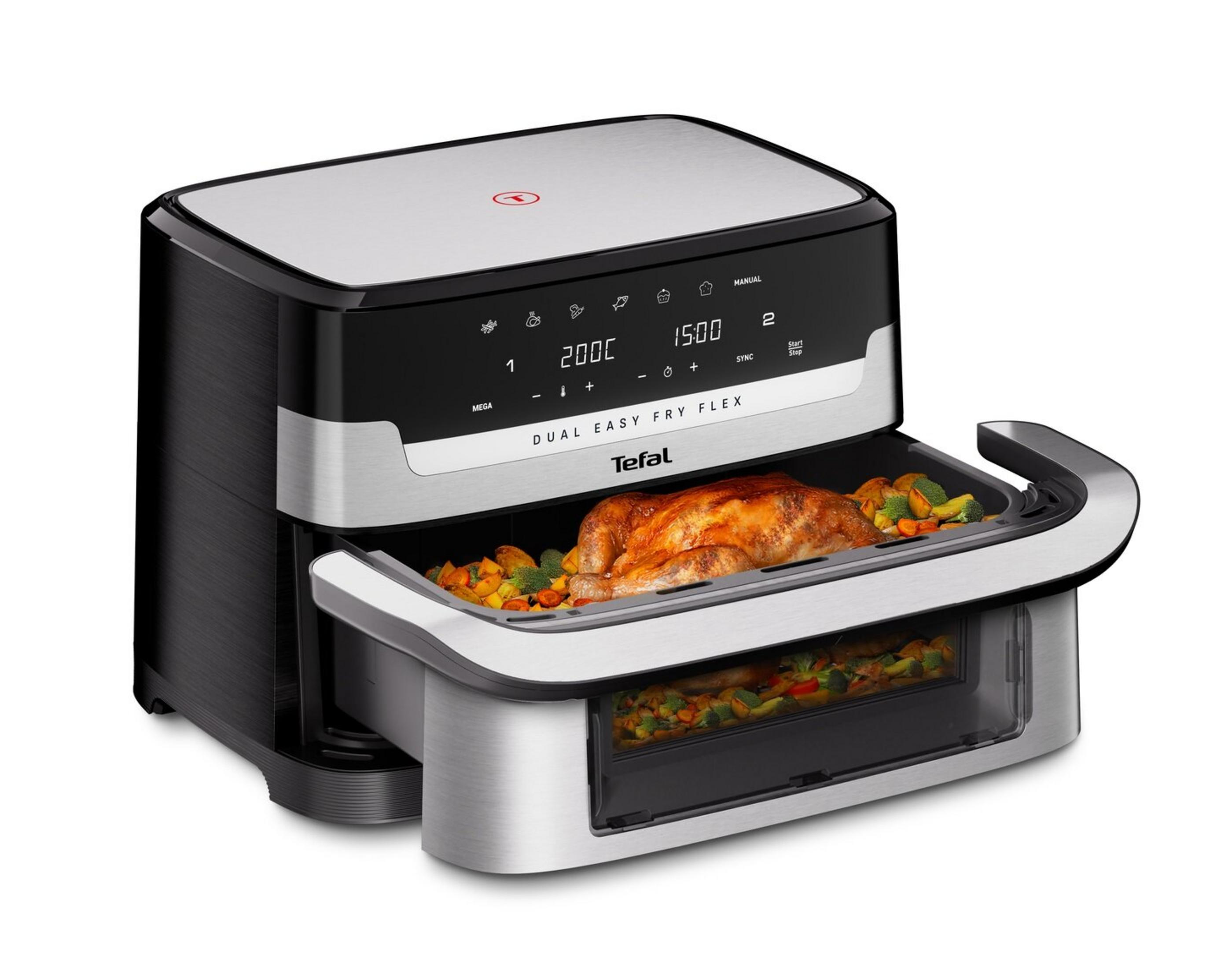 Frytownica beztłuszczowa Tefal Dual Easy Fry Flex. Upieczony kurczak i warzywa znajdują się w wysuwanej szufladzie. Panel sterowania jest czarny.