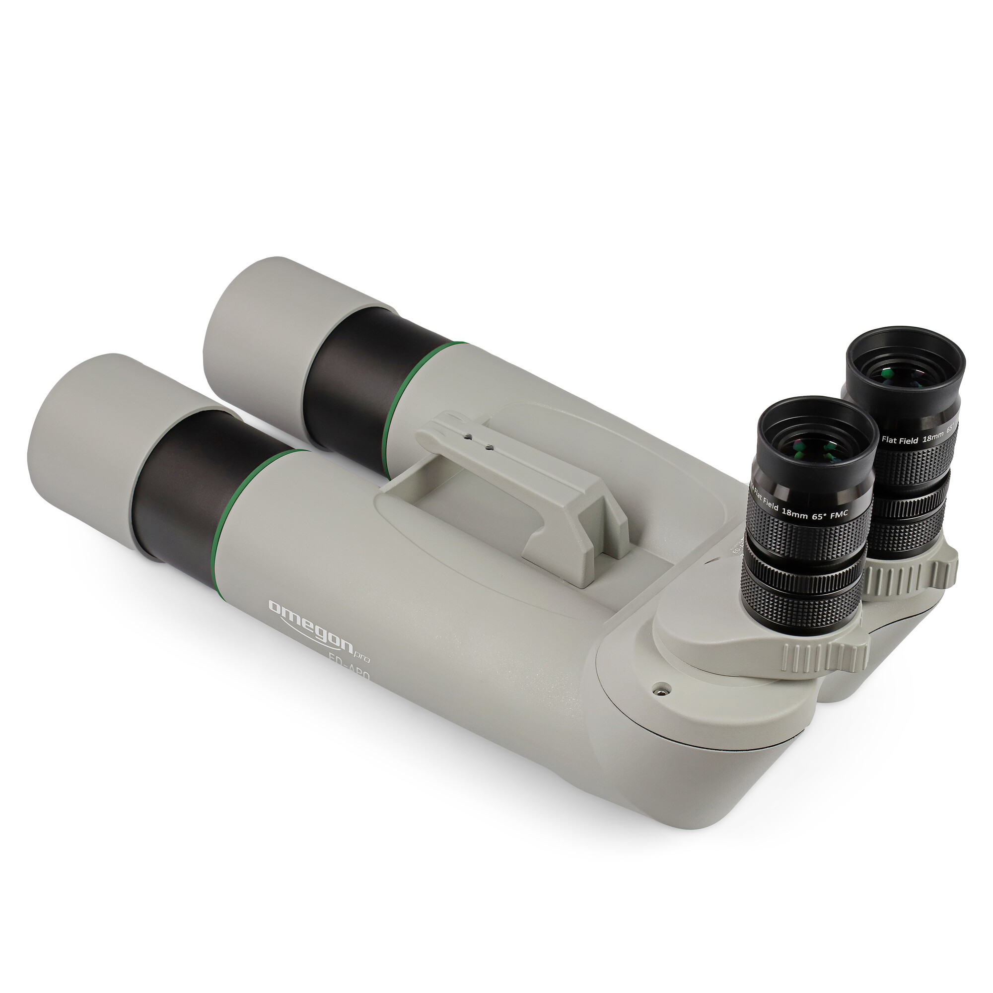 Fernglas-Spektiv auf weißem Hintergrund. Graues Gehäuse, schwarze Linse, grüne Akzente. Griff oben. Beschriftung: omegon pro.