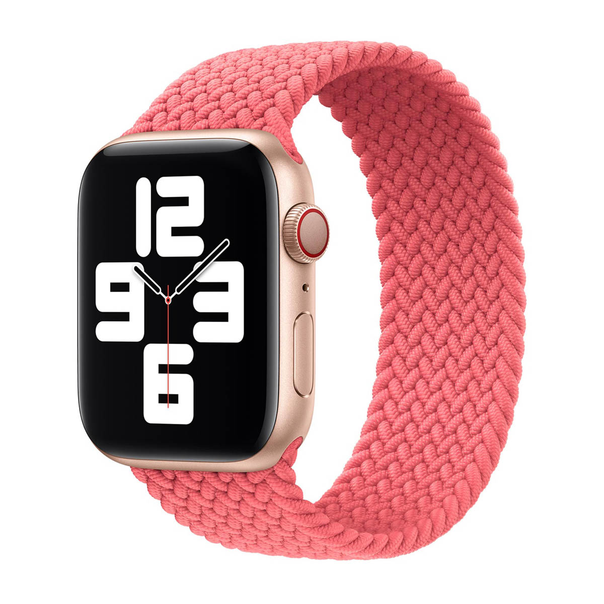 Een Apple Watch met een koraalkleurige gevlochten band. De wijzerplaat toont de tijd. Gouden horlogekast. Witte achtergrond.