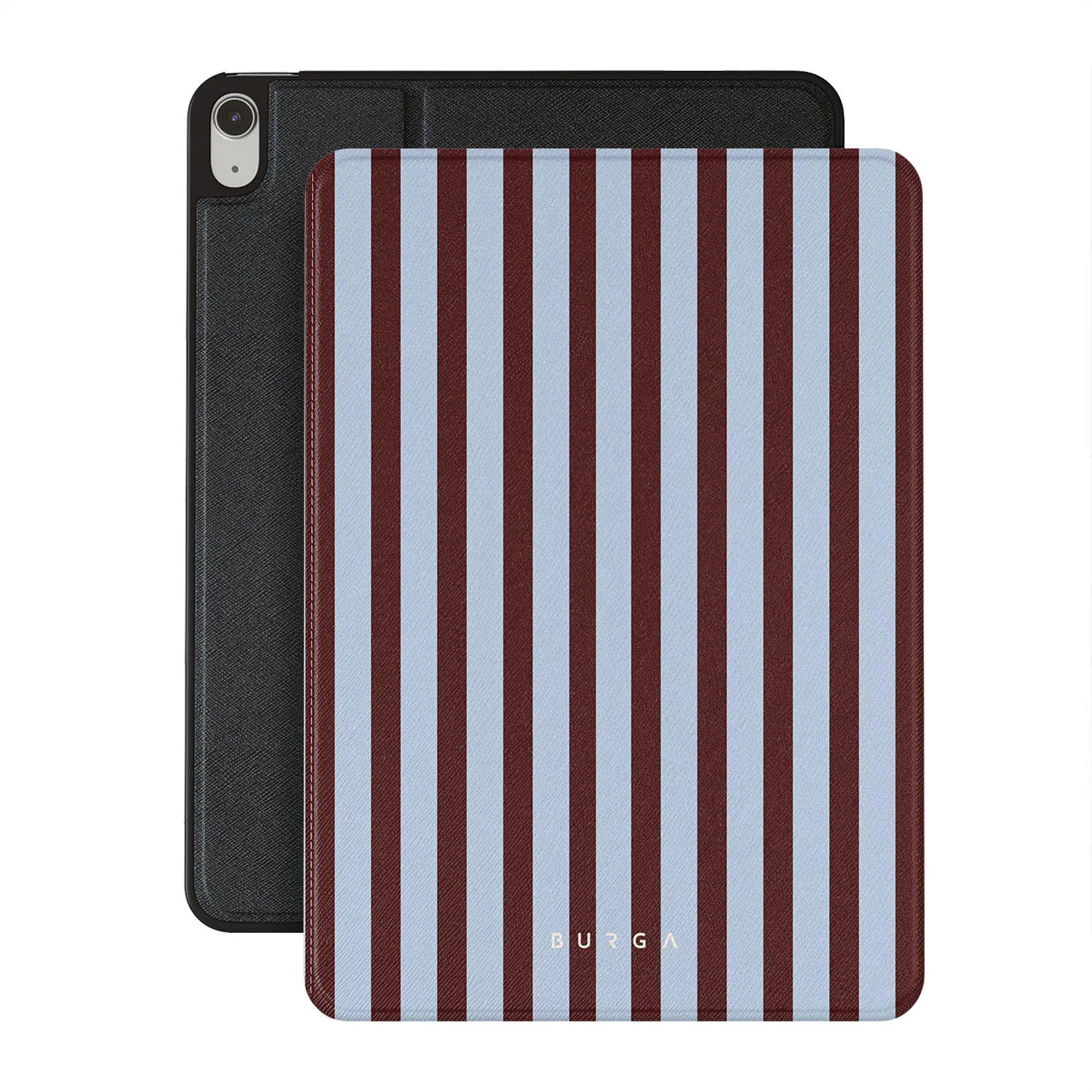 An iPad case with blue and maroon vertical stripes. A black case is behind it.