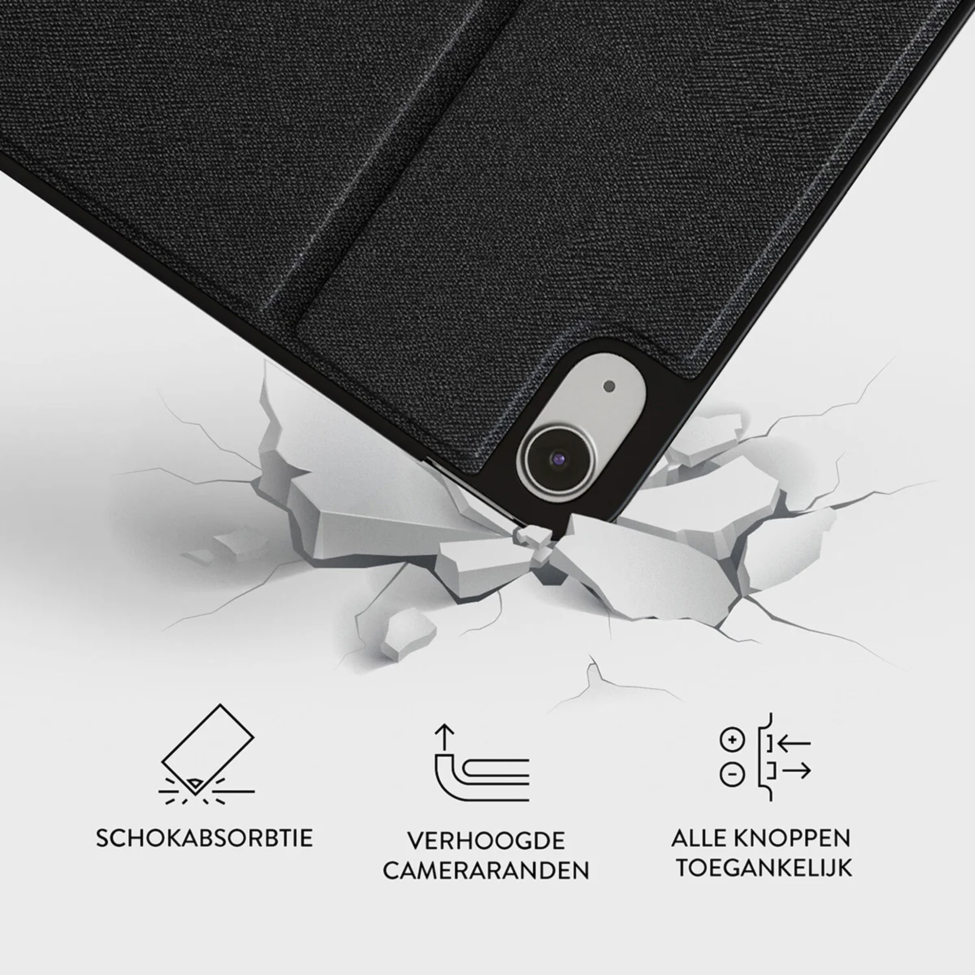 Black tablet case with camera detail, breaking a surface, with icons indicating shock absorption and button accessibility.