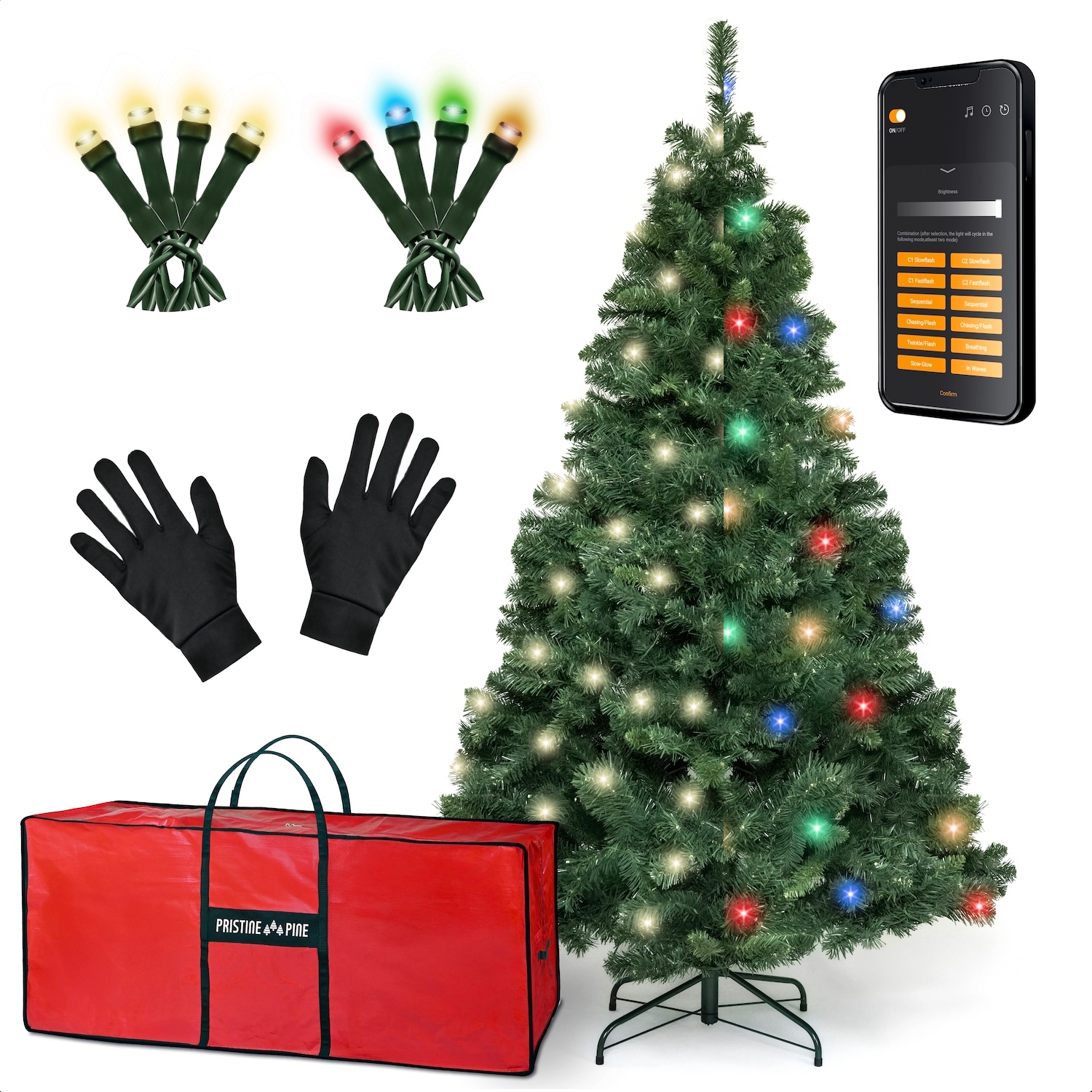 Een kerstboom met gekleurde lichten, een smartphone, handschoenen, een rode tas en lichtsnoeren op een witte achtergrond.