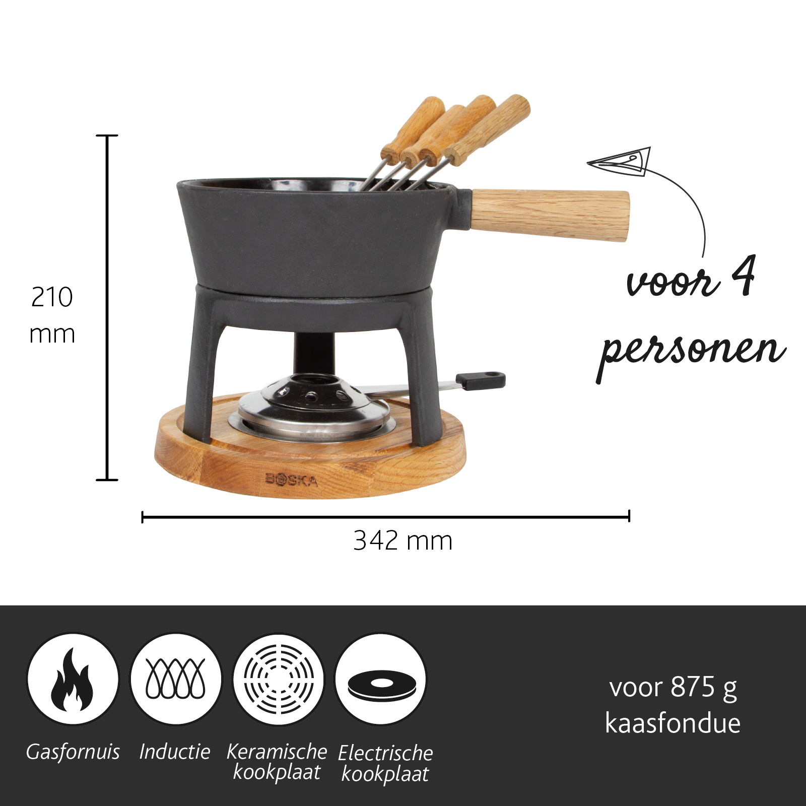 Zestaw do fondue z czarnym garnkiem, drewnianym uchwytem i widelcami, na drewnianej podstawie. Tekst wskazuje, że dla 4 osób.