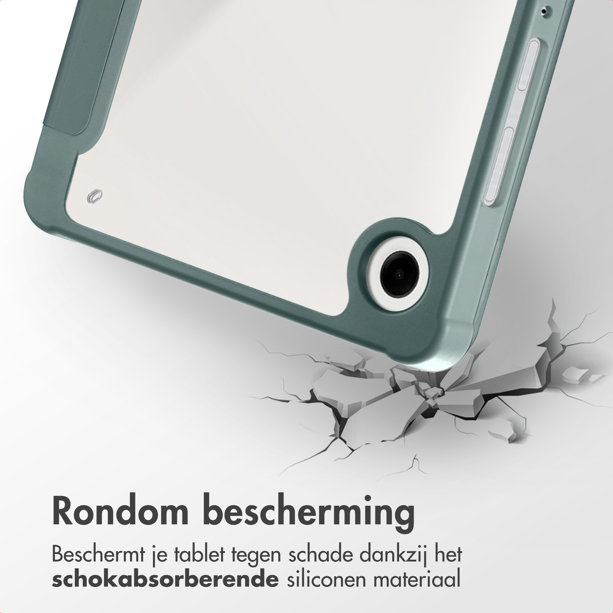 A tablet case, green frame, clear screen. Image shows impact with cracks. Text: 'All-around protection'.