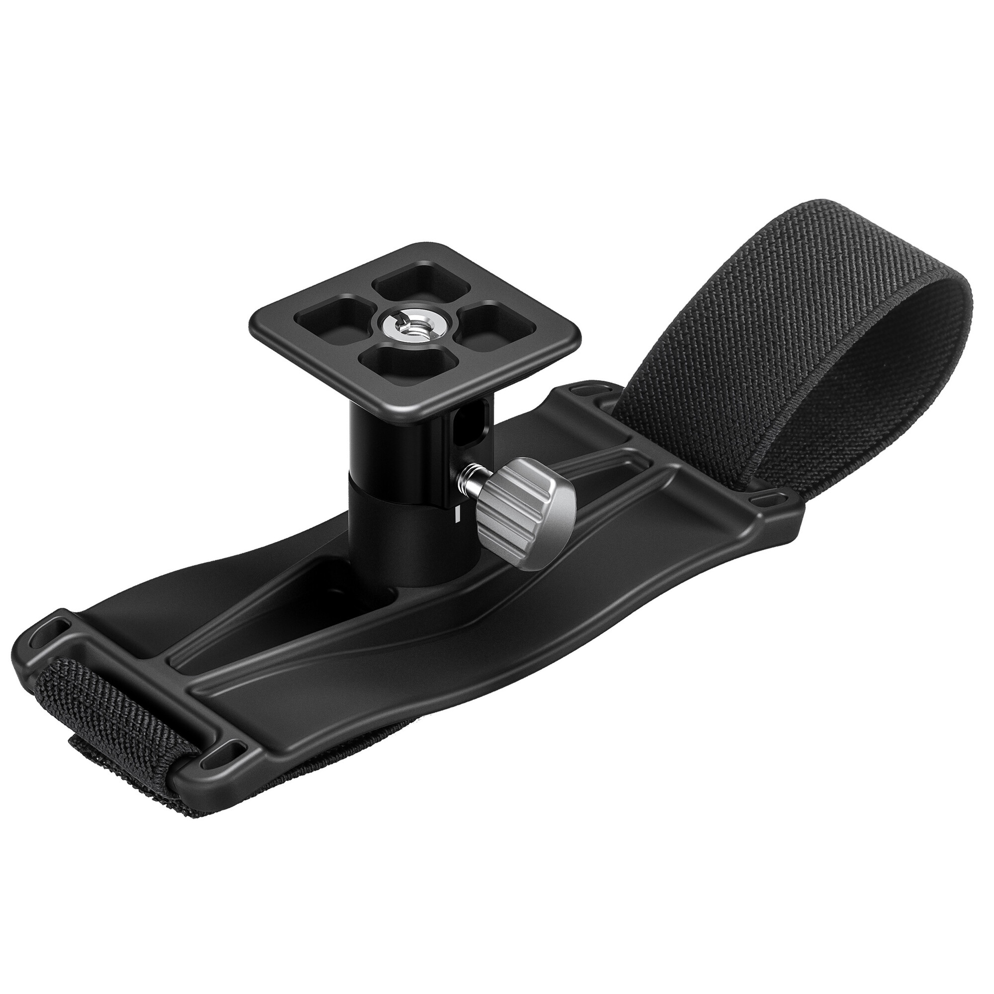 Schwarze Kameragurtbefestigung mit quadratischer Basis, Metallknopf und schwarzem Stoffriemen auf weißem Grund.