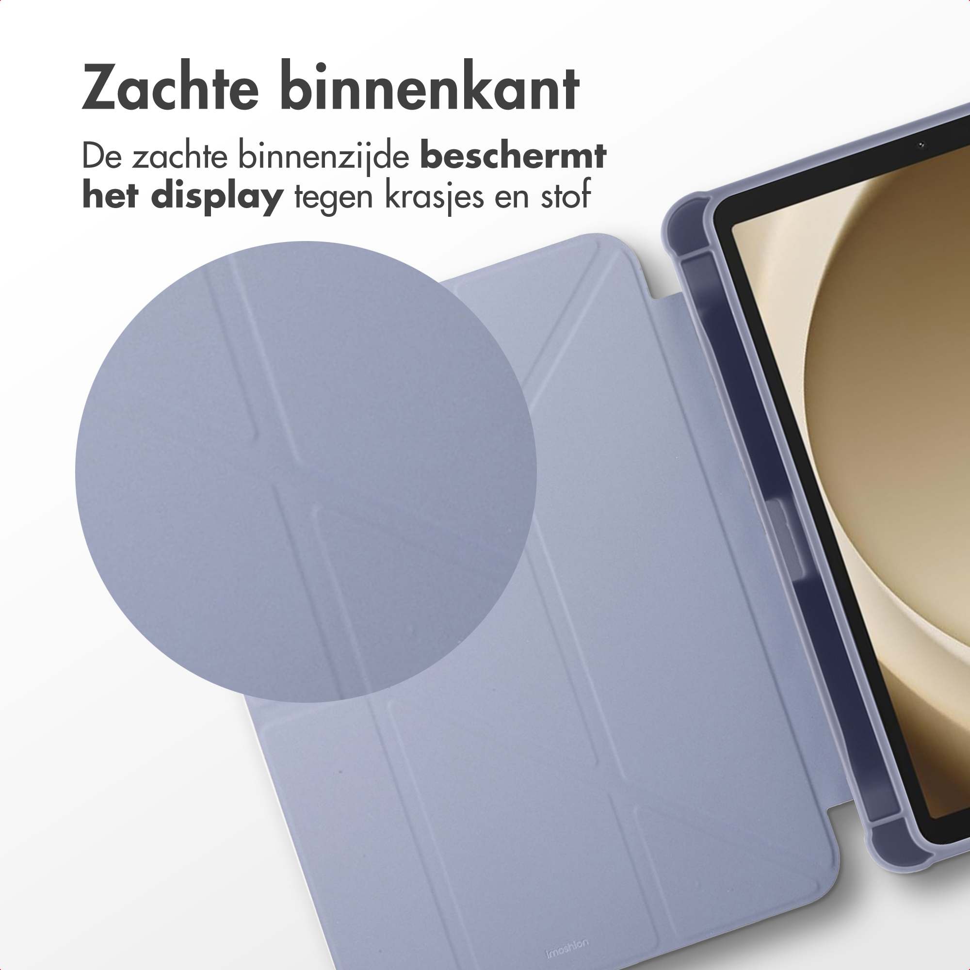 A tablet in a gray case is visible. The case has a soft interior. Text in Dutch says the inside protects the display.