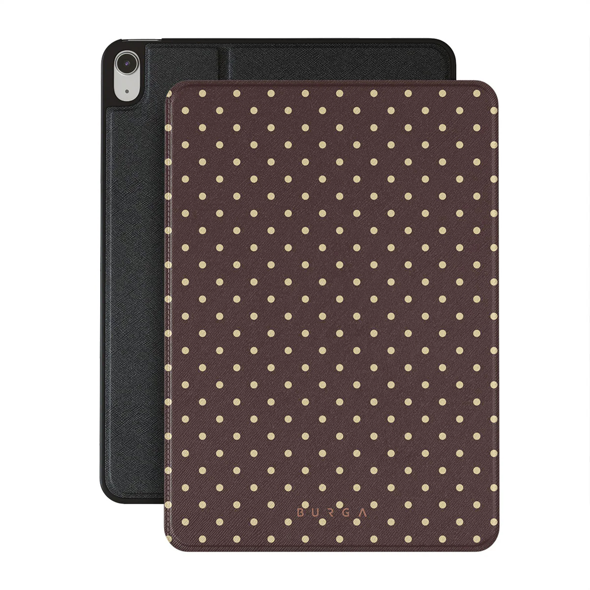 Étui pour tablette avec couverture marron, pois et cadre noir. Le nom de la marque est visible en bas.
