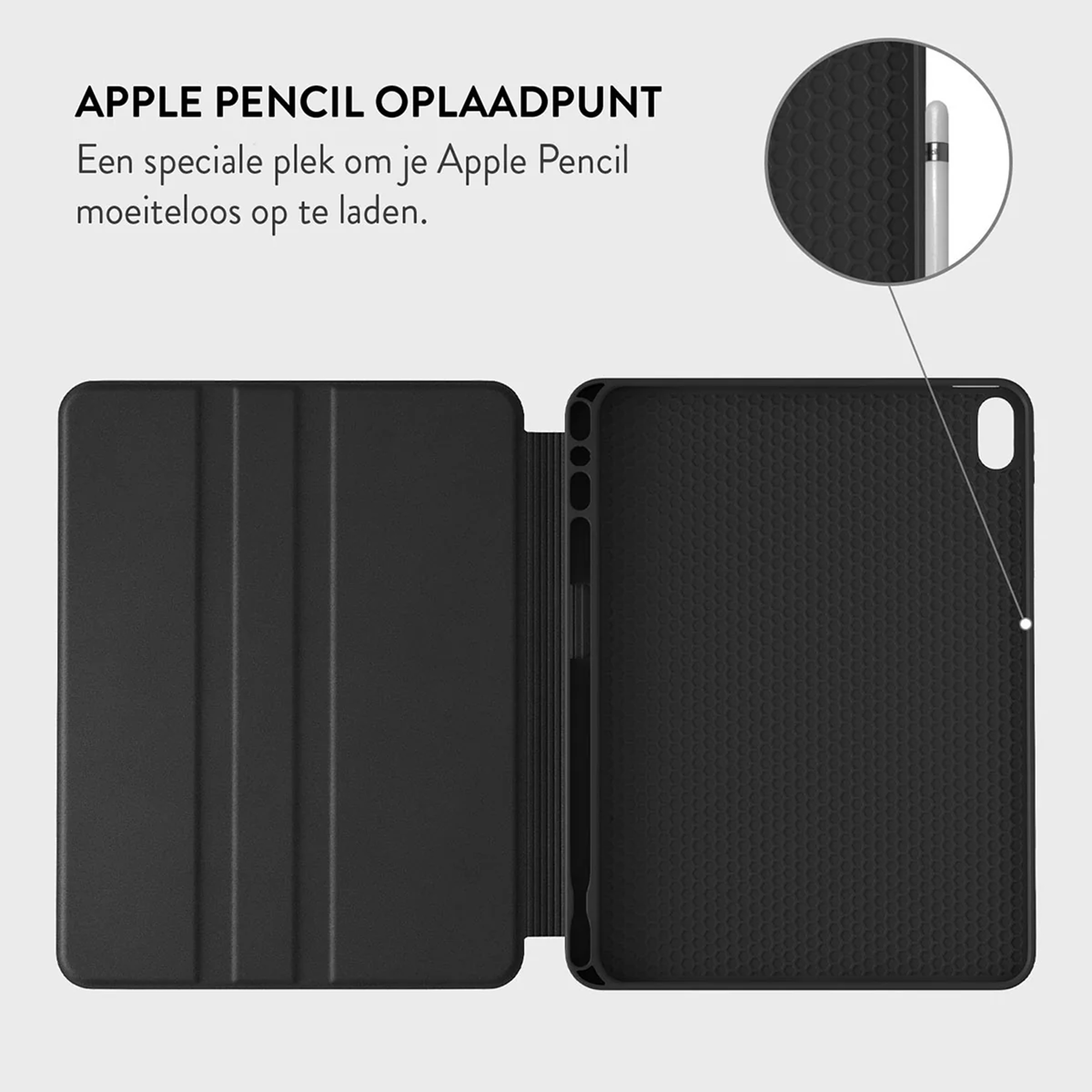 Étui iPad noir avec point de charge Apple Pencil. Apple Pencil blanc en haut à droite. Texte : Apple Pencil.