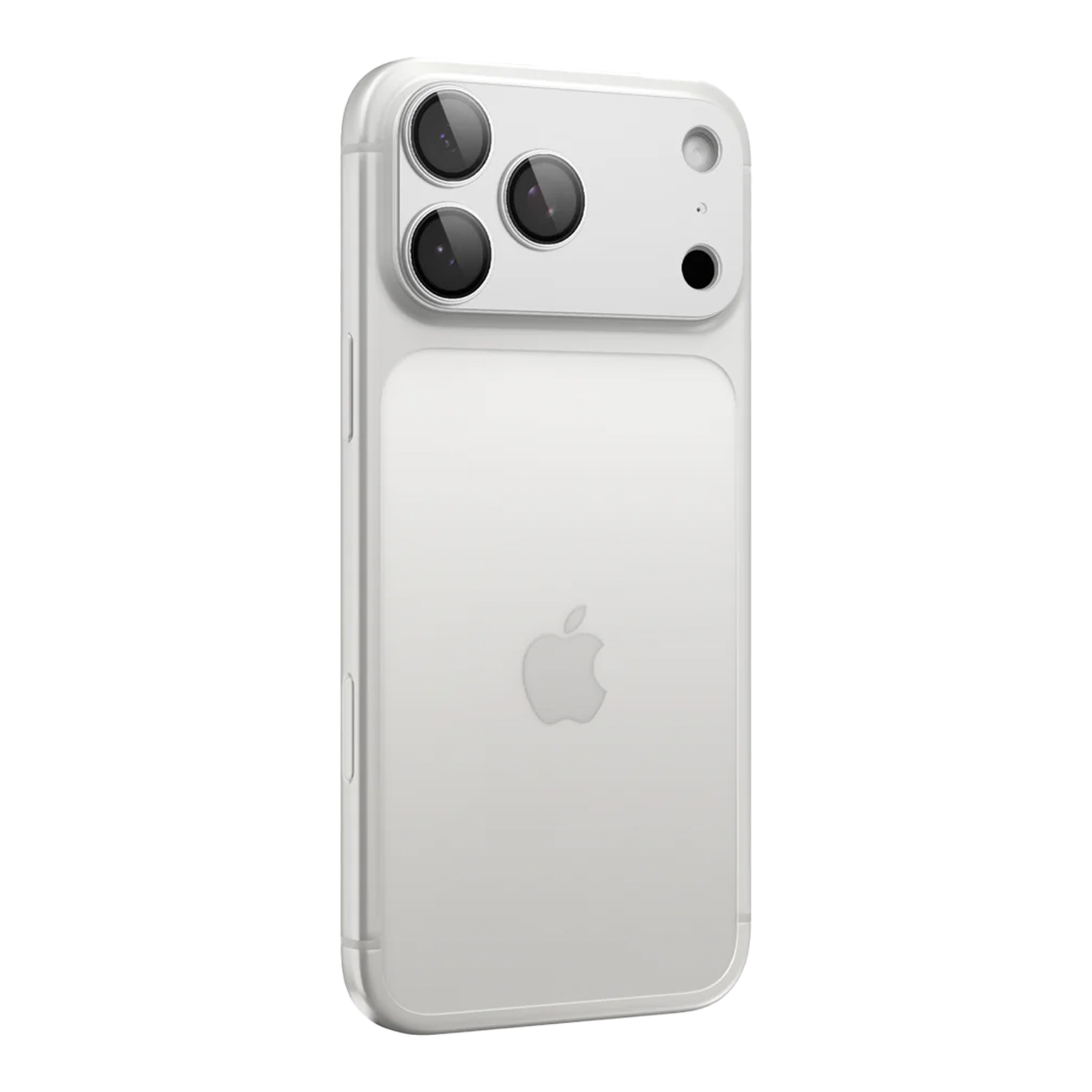 Een witte iPhone met drie camera's en een flitser aan de achterkant, en het Apple-logo.