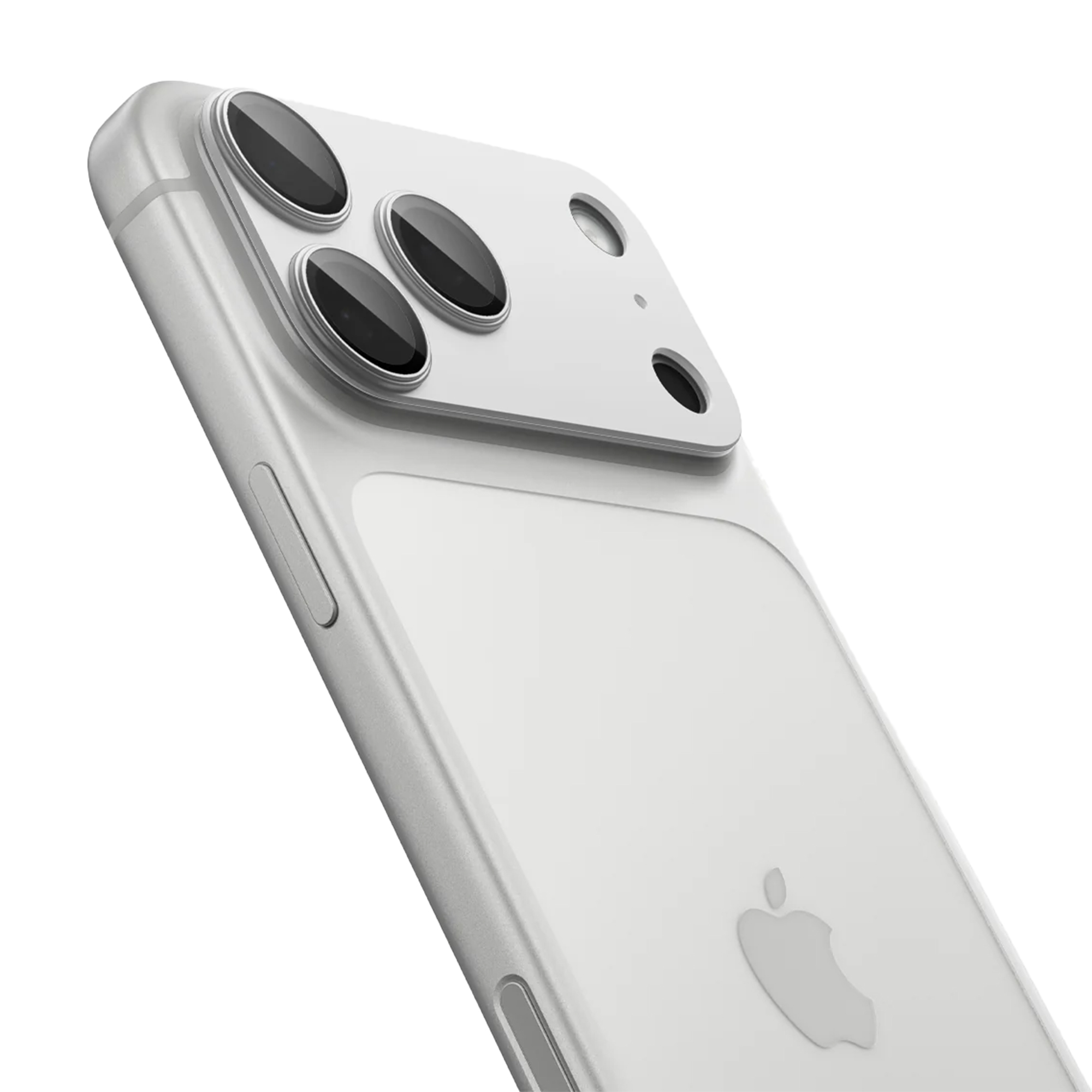Close-up van een zilveren telefoon met drie camera's. Het Apple-logo is zichtbaar op de achterkant.