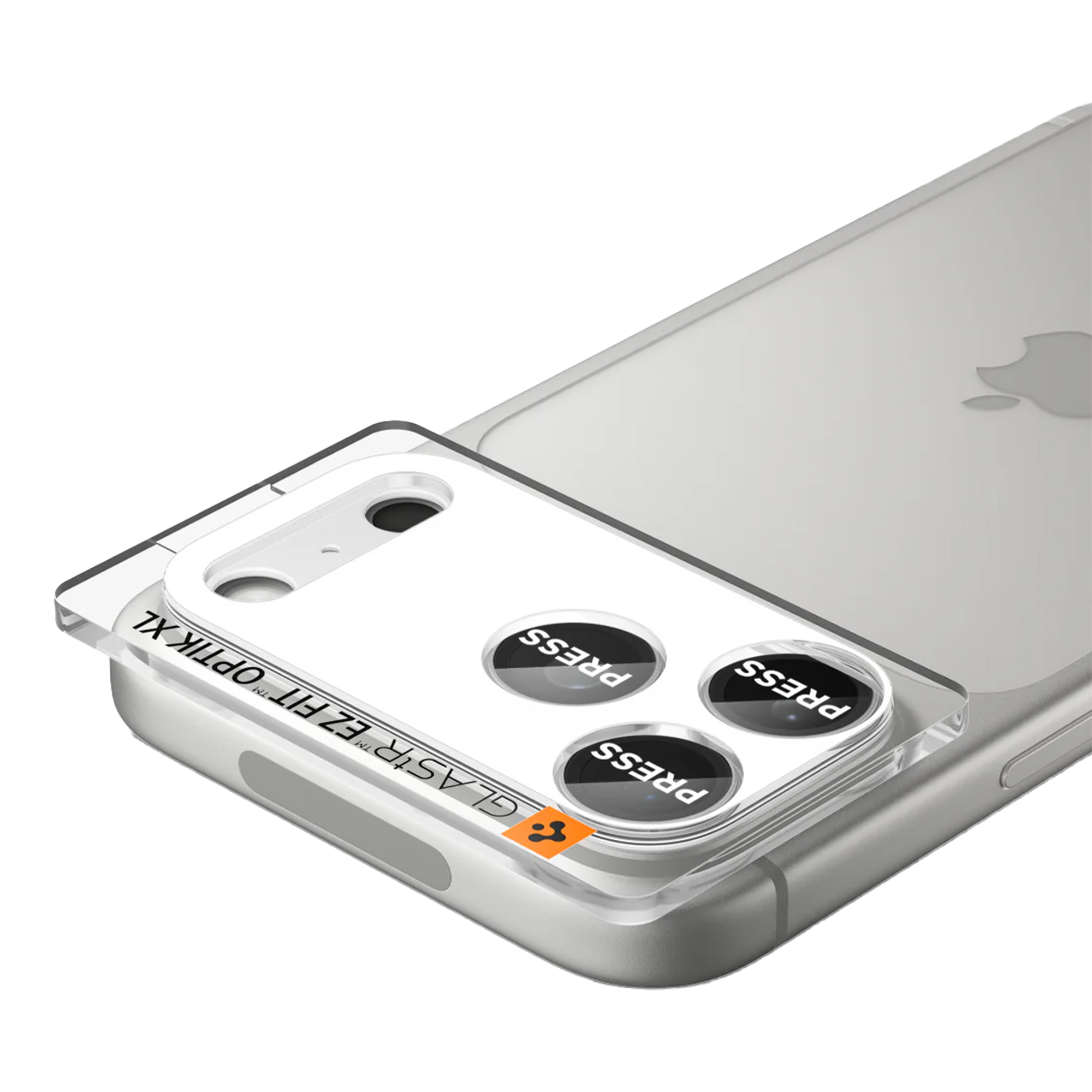 Een telefoon met een schermbeschermer. De beschermer heeft drie 'PRESS'-labels. De achterkant van de telefoon is zilver met een Apple-logo.