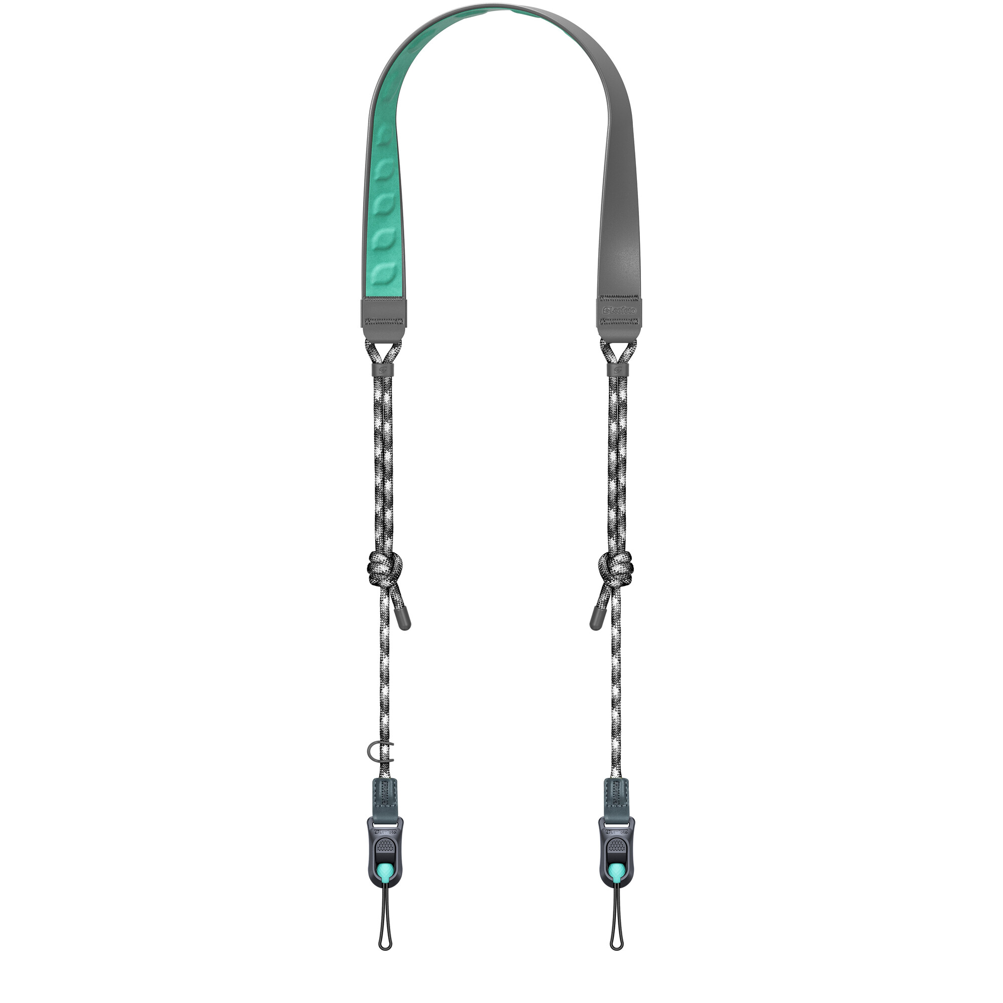 Kameragurt mit grauem Leder und türkisfarbener Polsterung. Schwarz-weiße Seilriemen verbinden sich mit den teal und schwarzen Clips.