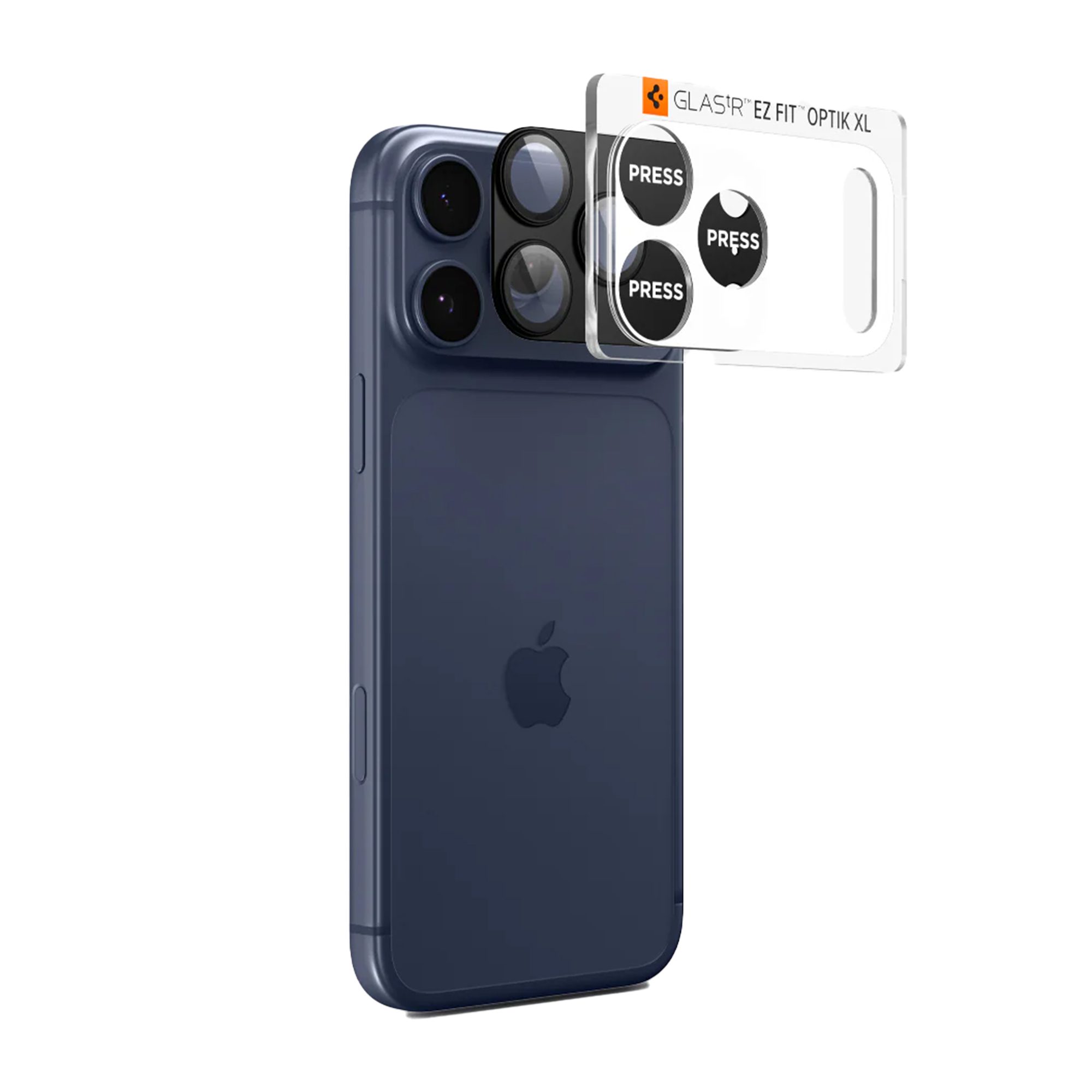 Een donkerblauwe iPhone met een schermbeschermer. De beschermer heeft PRESS labels.