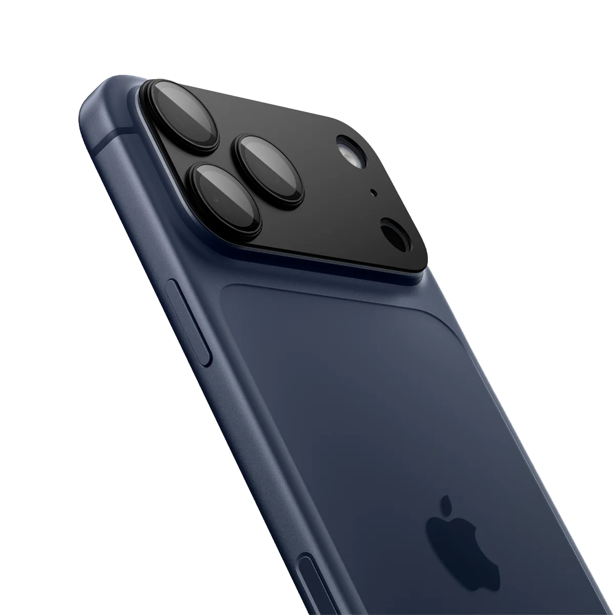 Donkerblauwe smartphone, schuine weergave. Drie cameralenzen zichtbaar, met het Apple-logo op de achterkant.