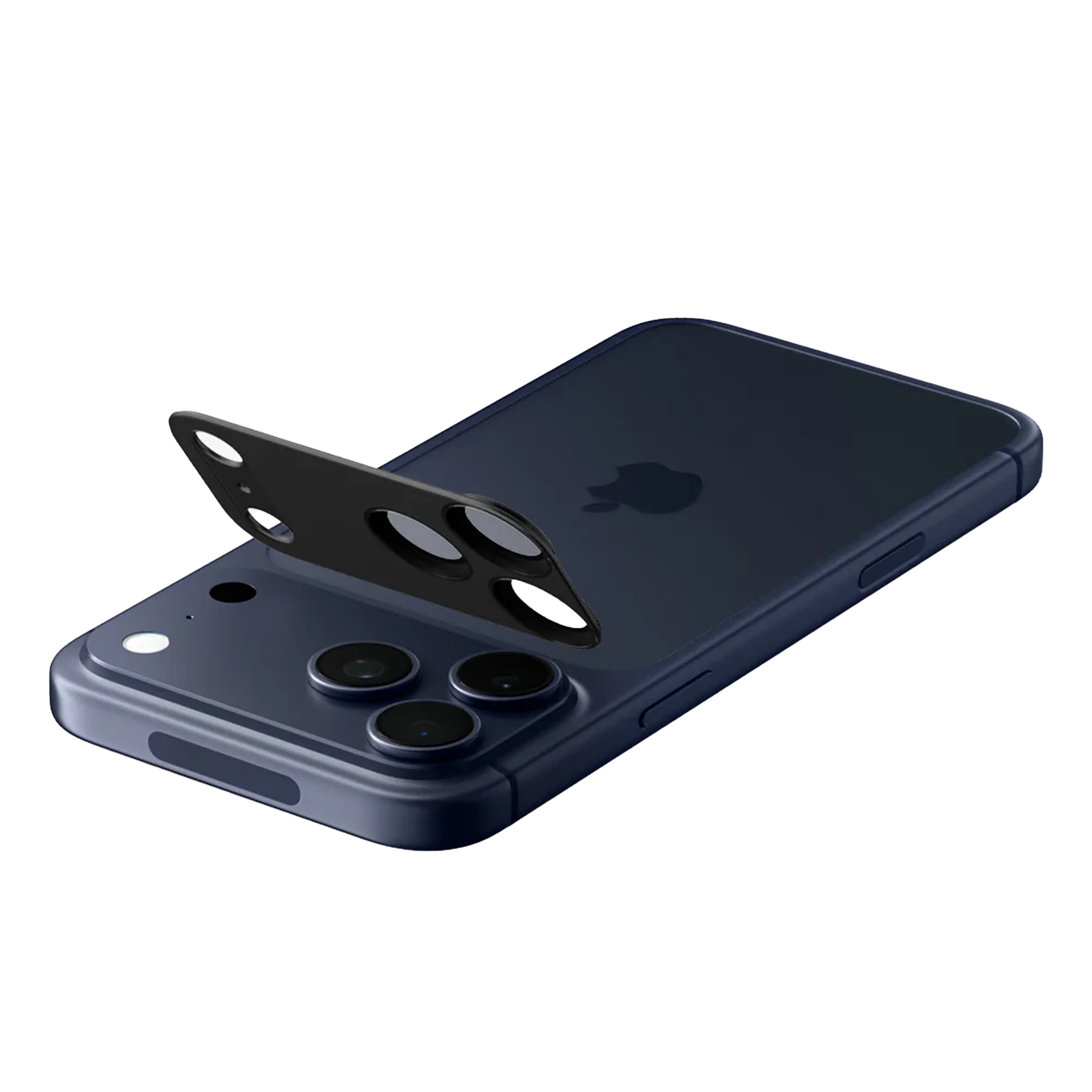 Een donkerblauwe iPhone met een zwarte cameralensbeschermer wordt getoond. De telefoon staat op een witte achtergrond.