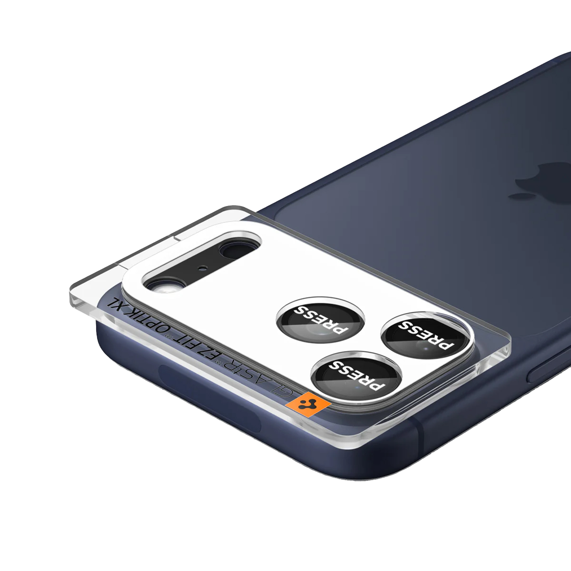 Een telefoon met een beschermende lensafdekking. De afdekking is transparant met drie knoppen met 'PRESS'. De telefoon is donkerblauw.